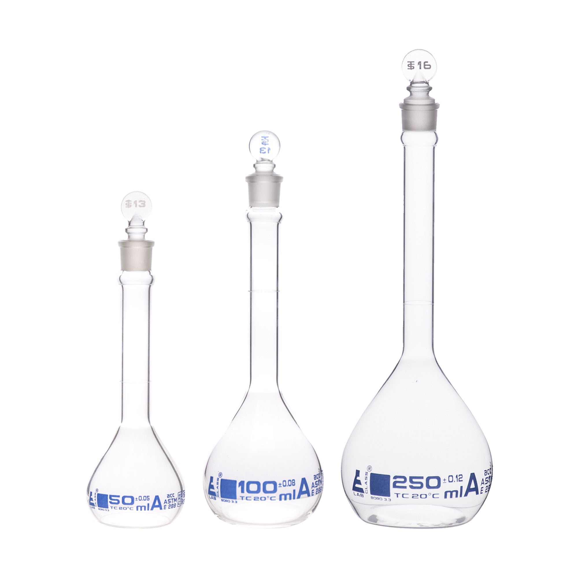 Class A Borosilicate Glass Volumetric Flask Set, 3-Piece, 50-250mL