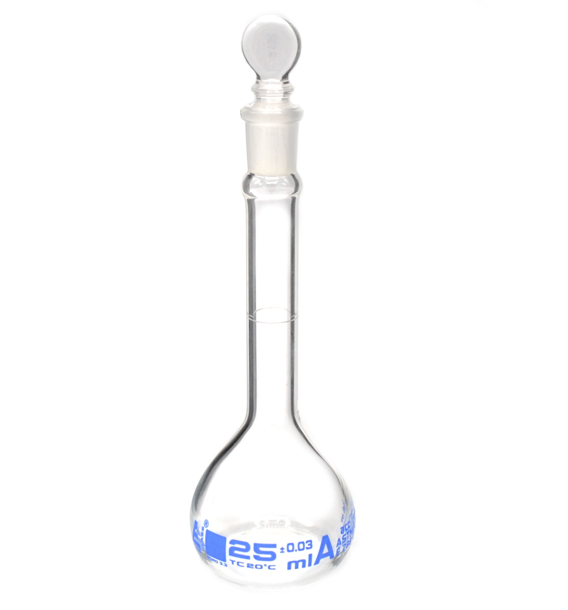 ASTM Class A Borosilicate Glass Volumetric Flask with Glass Stopper, Blue Graduations