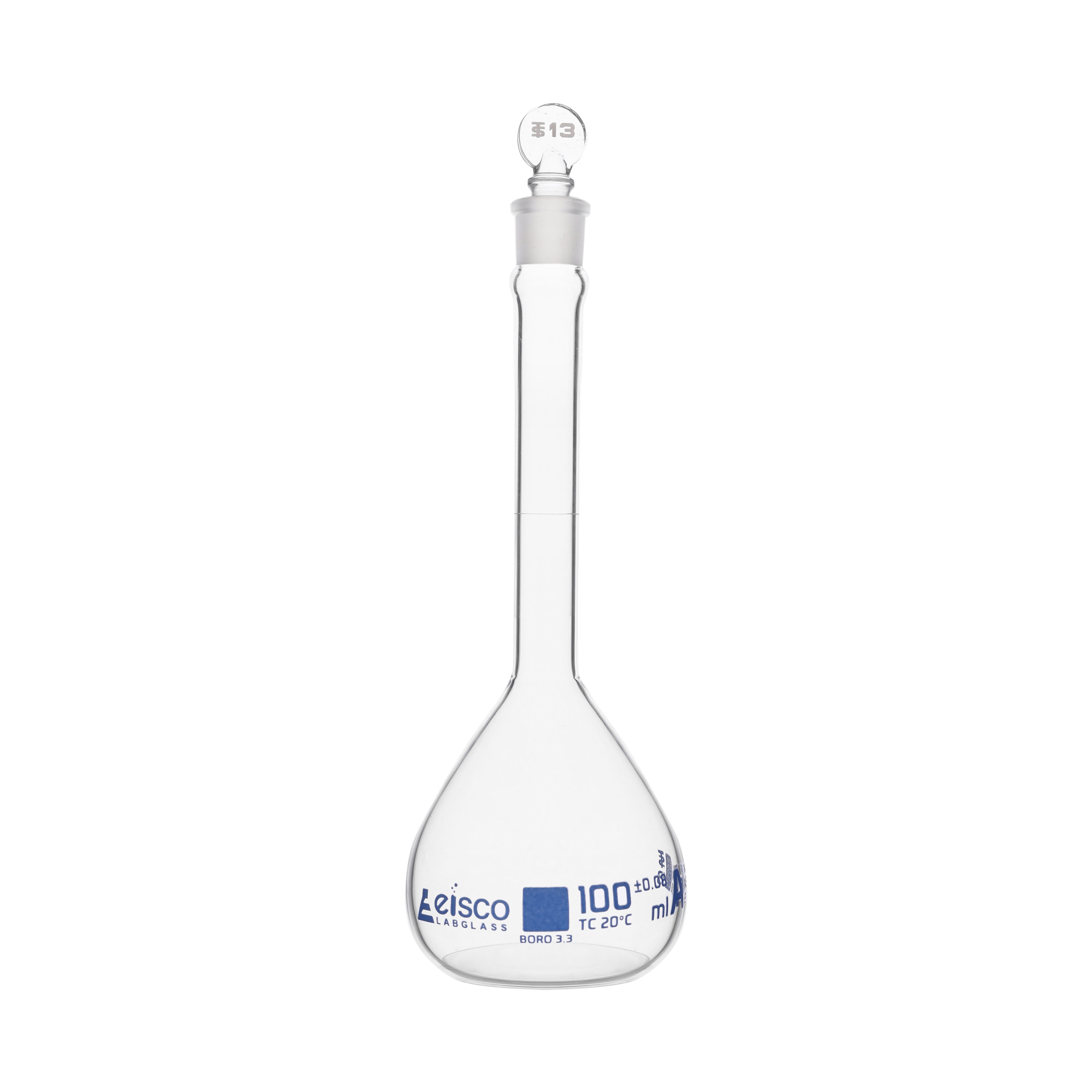 ASTM Class A Borosilicate Glass Volumetric Flask with Glass Stopper, Blue Graduations