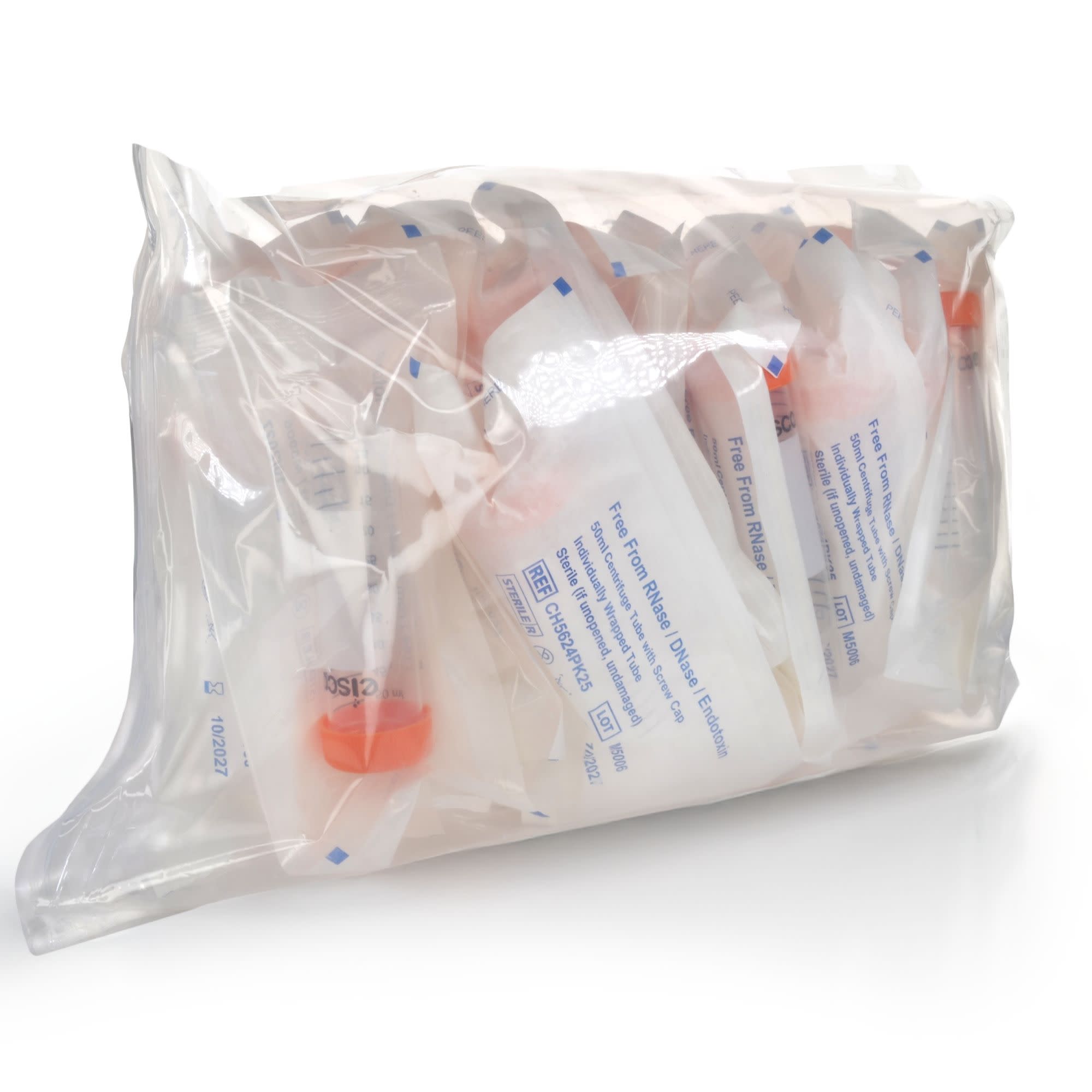25-Pack Sterile Individually Wrapped Polypropylene Centrifuge Tubes with Flat Cap, 50mL