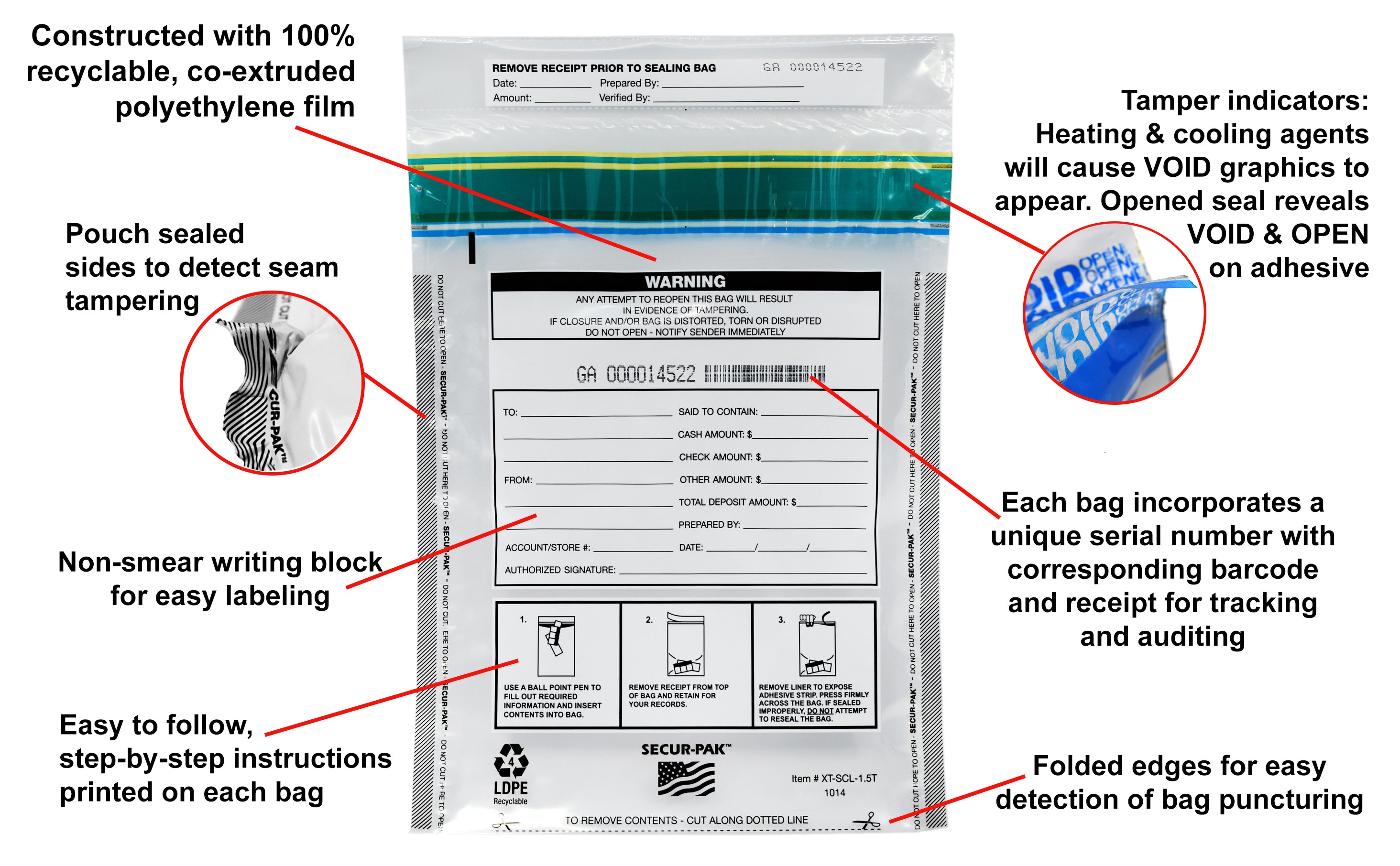 Premium Tamper-Evident Self-Sealing Security Bags, 10 x 14", 100-Pack