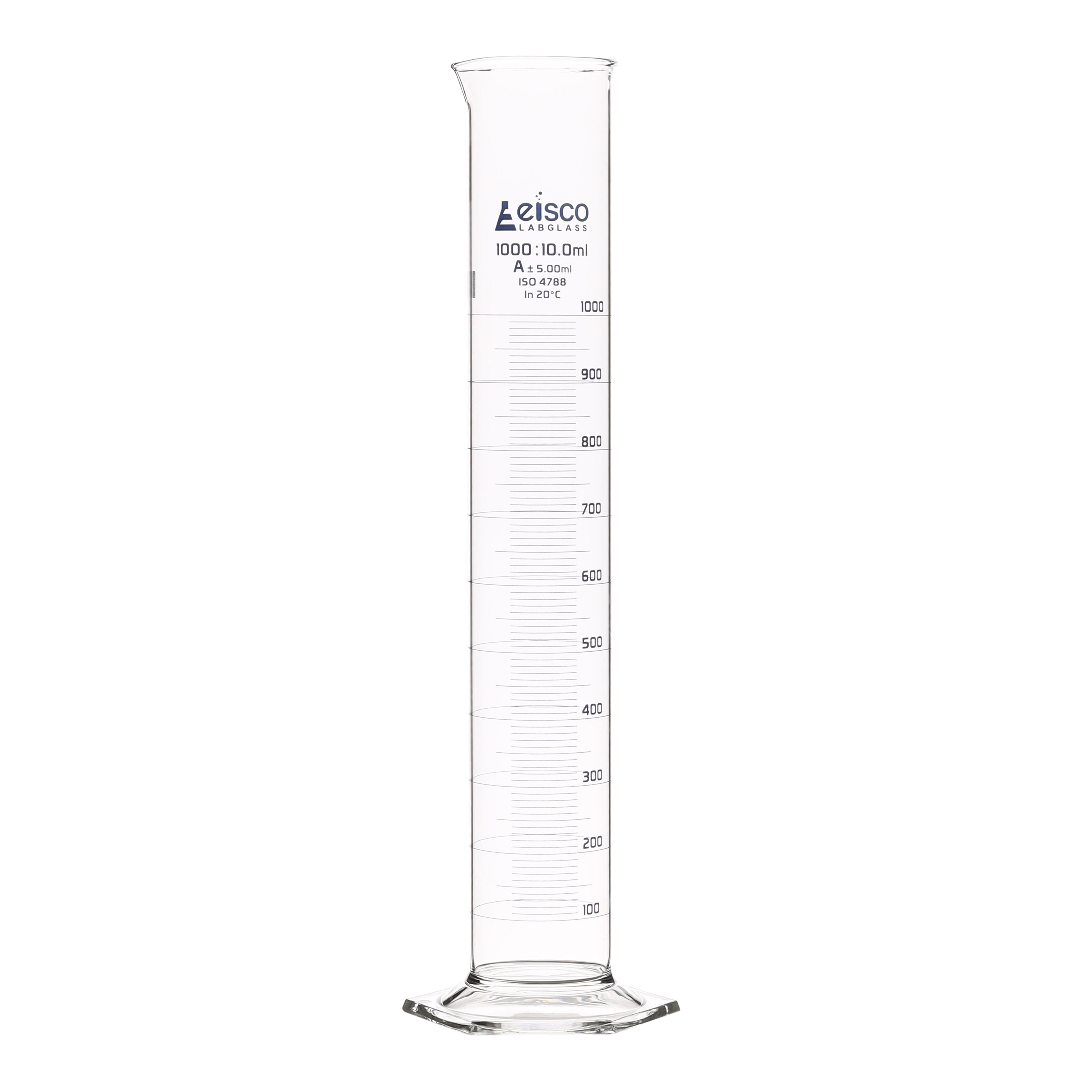 Class A Borosilicate Glass Graduated Cylinder with Hexagonal Base, Blue Graduations