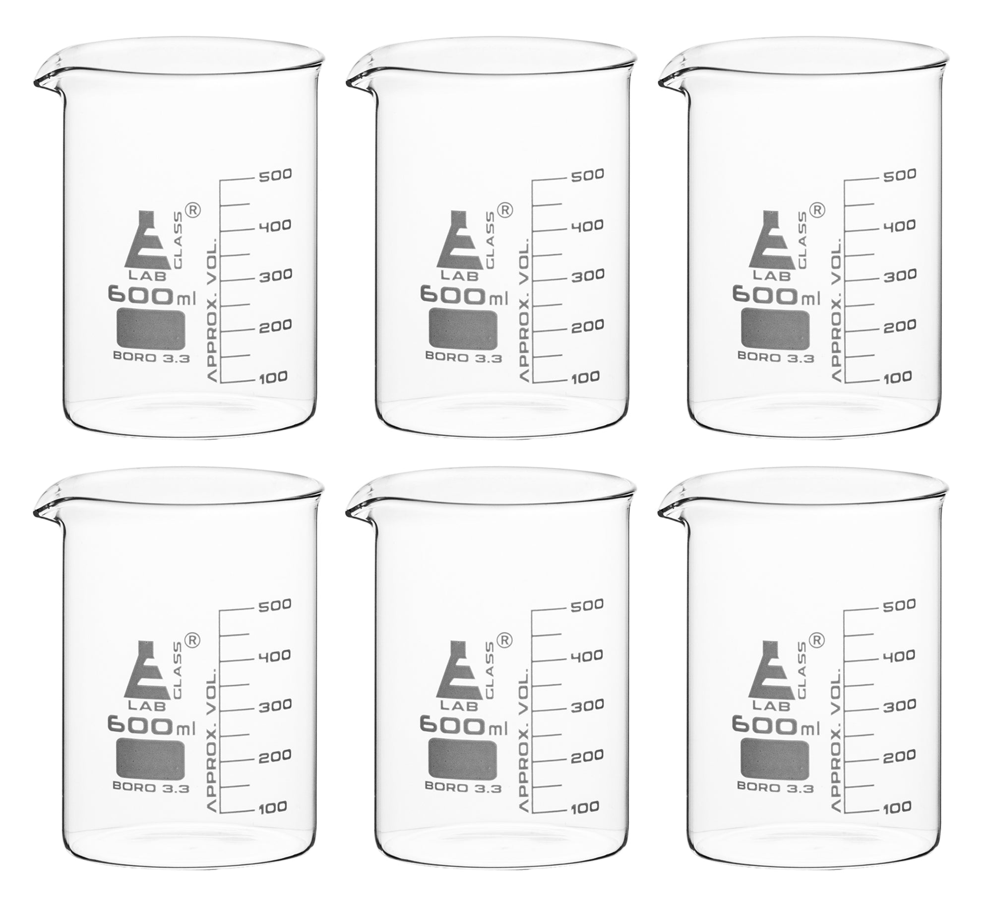 Low Form Borosilicate Glass Beaker with Spout, 600mL, 6-Pack