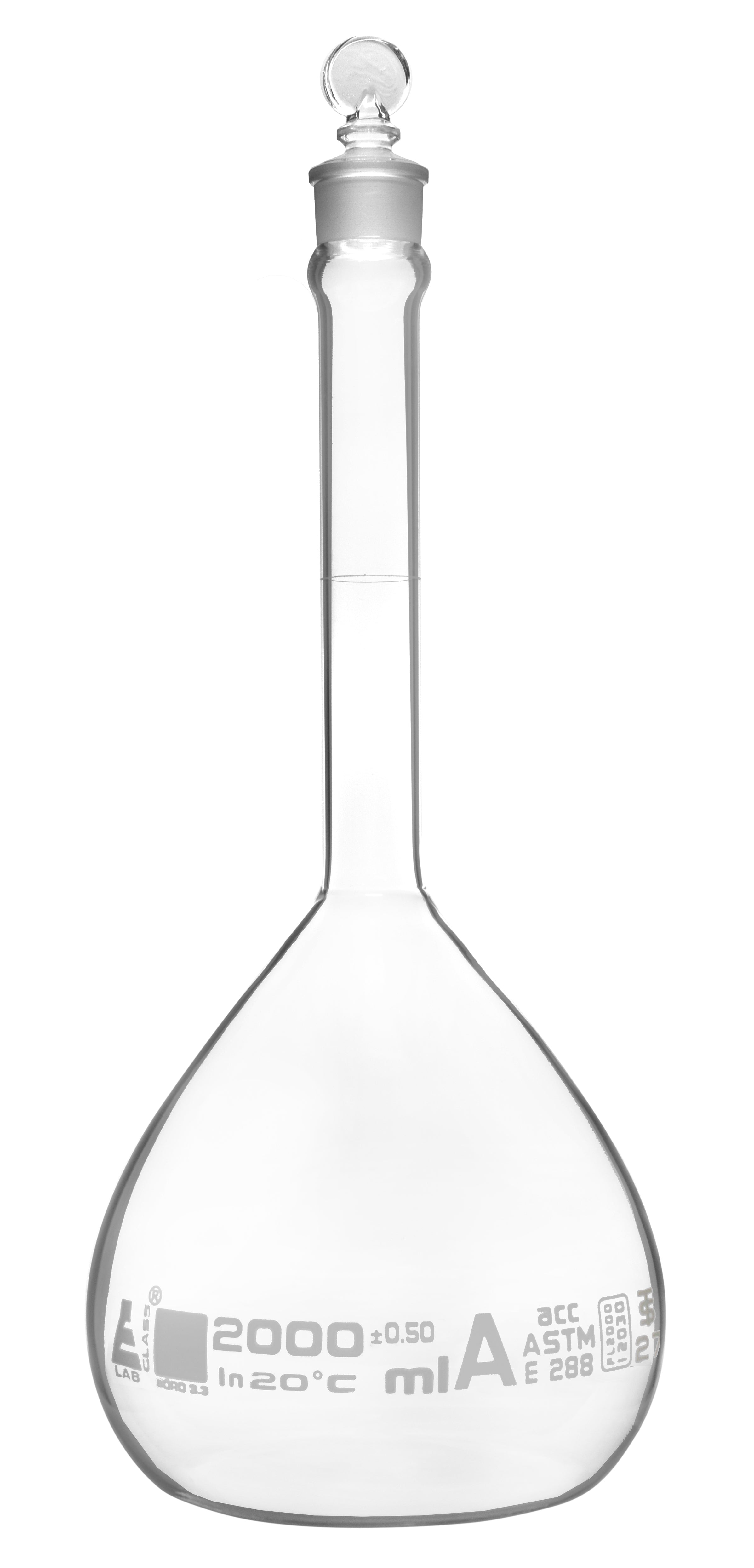 ASTM Class A Borosilicate Glass Volumetric Flask with Glass Stopper, White Graduations