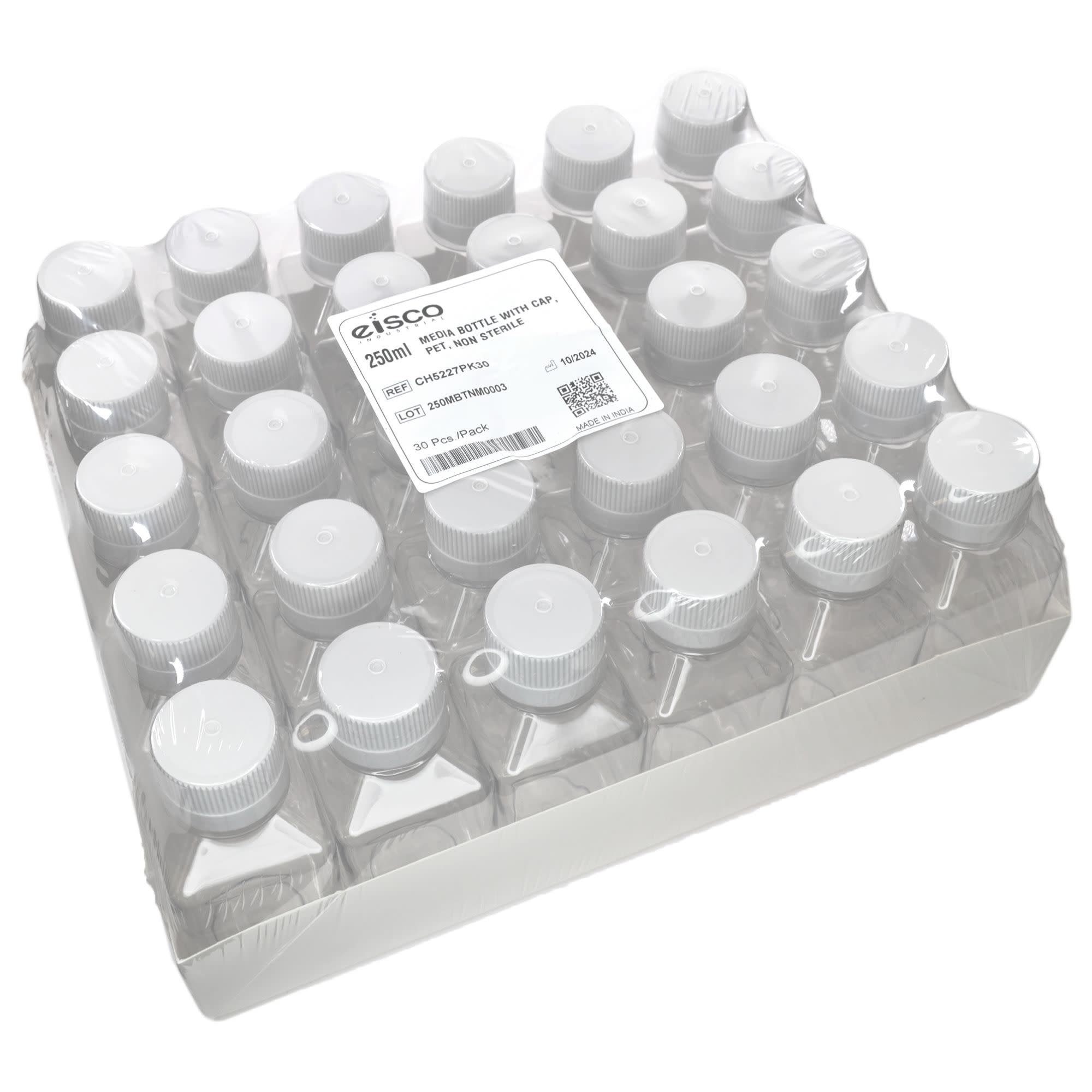 30-Pack Non-Sterile PET Media Bottles with HDPE Caps, 250mL