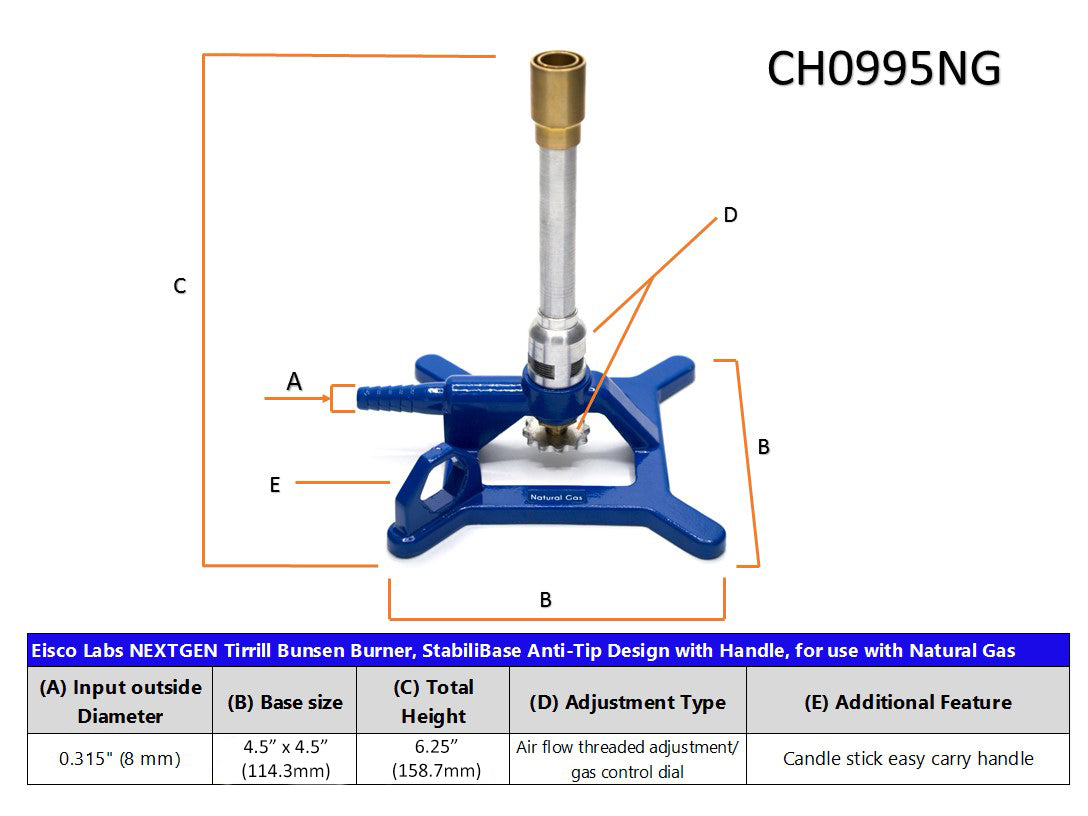 Tirrill Natural Gas Bunsen Burner with Cast Iron StabiliBase and Gas Flow Control