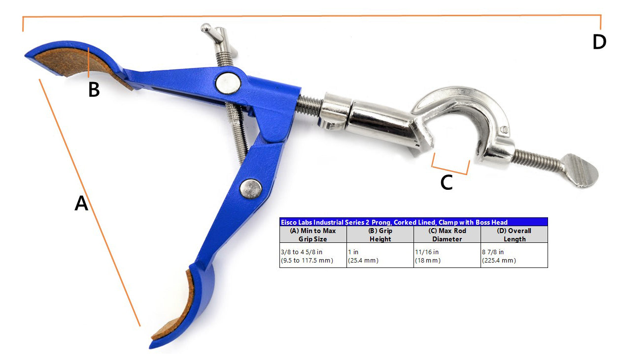 2-Prong Cork-Lined Burette/Flask/Beaker Clamp with Swivel Boss Head, 4.3" Max