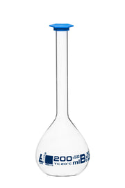 ASTM Class B Volumetric Flask with Blue Snap Cap, 200mL, White Graduations, Borosilicate Glass