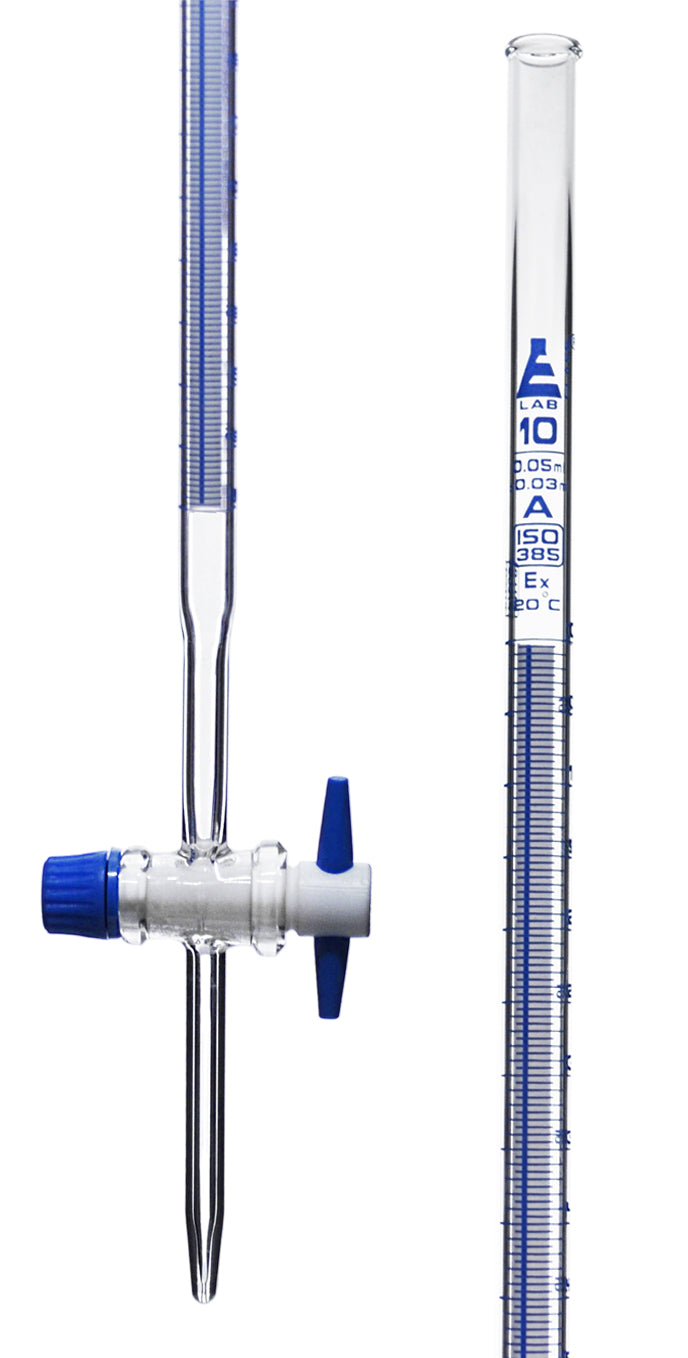 ASTM Class A Schellbach Burette with PTFE Stopcock, 10mL, Blue Graduations, Borosilicate 3.3 Glass