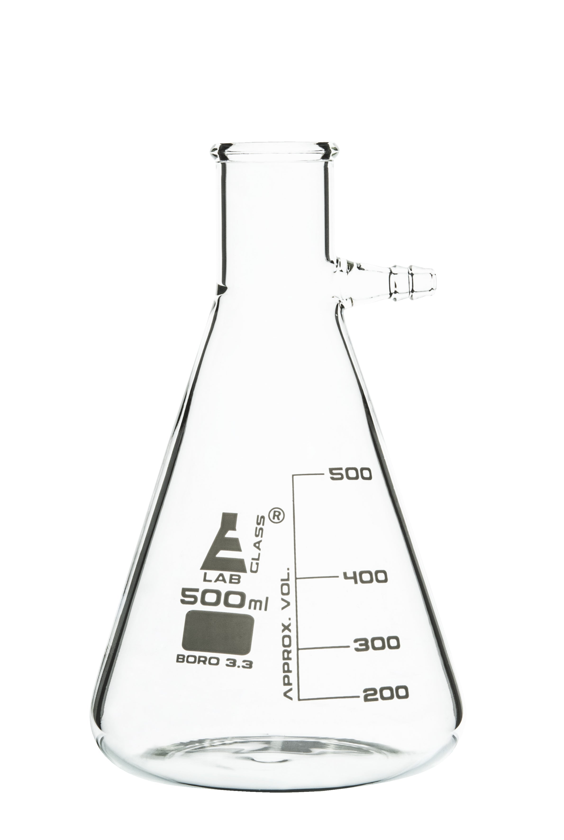 Conical Filtering Flask with Integral Side Arm, 500mL, White Graduations, Borosilicate Glass