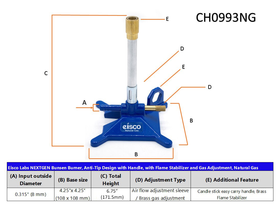 Natural Gas Bunsen Burner with StabiliBase and Flame Stabilizer