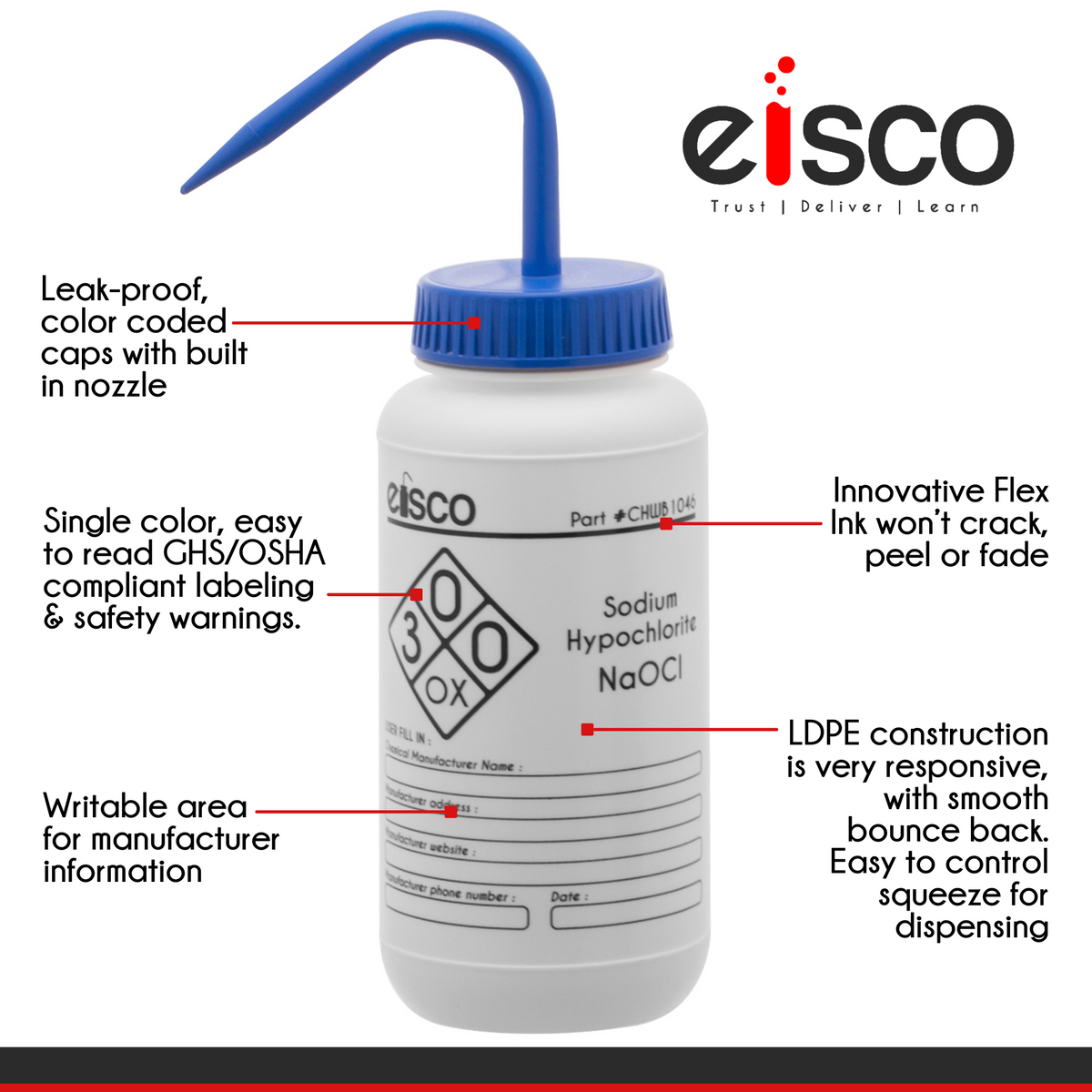 2PK Sodium Hypochlorite (Bleach) Wash Bottles, 500ml - Polyethylene - One Color