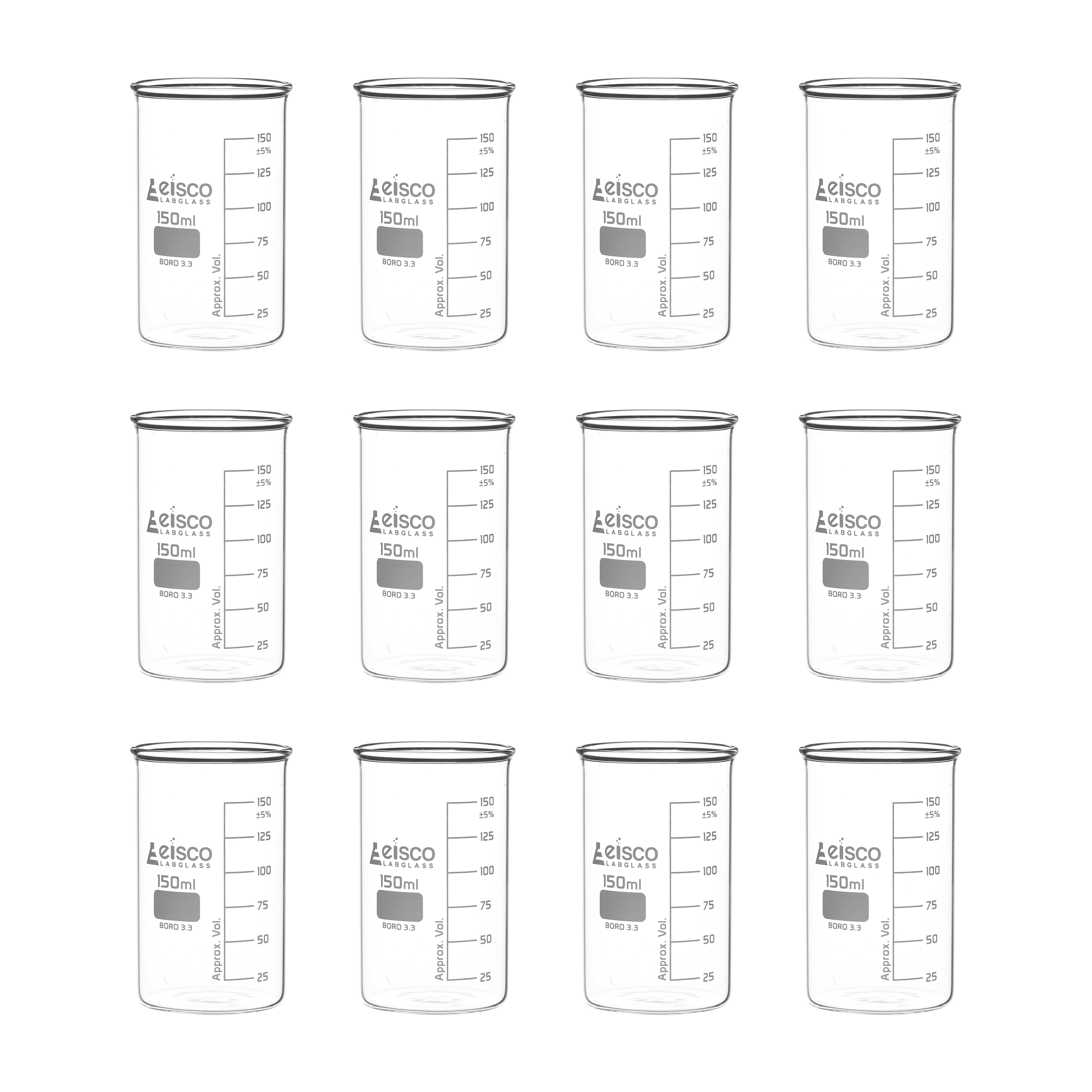 Tall Form Berzelius Borosilicate Glass Beaker, Graduated, 12-Pack