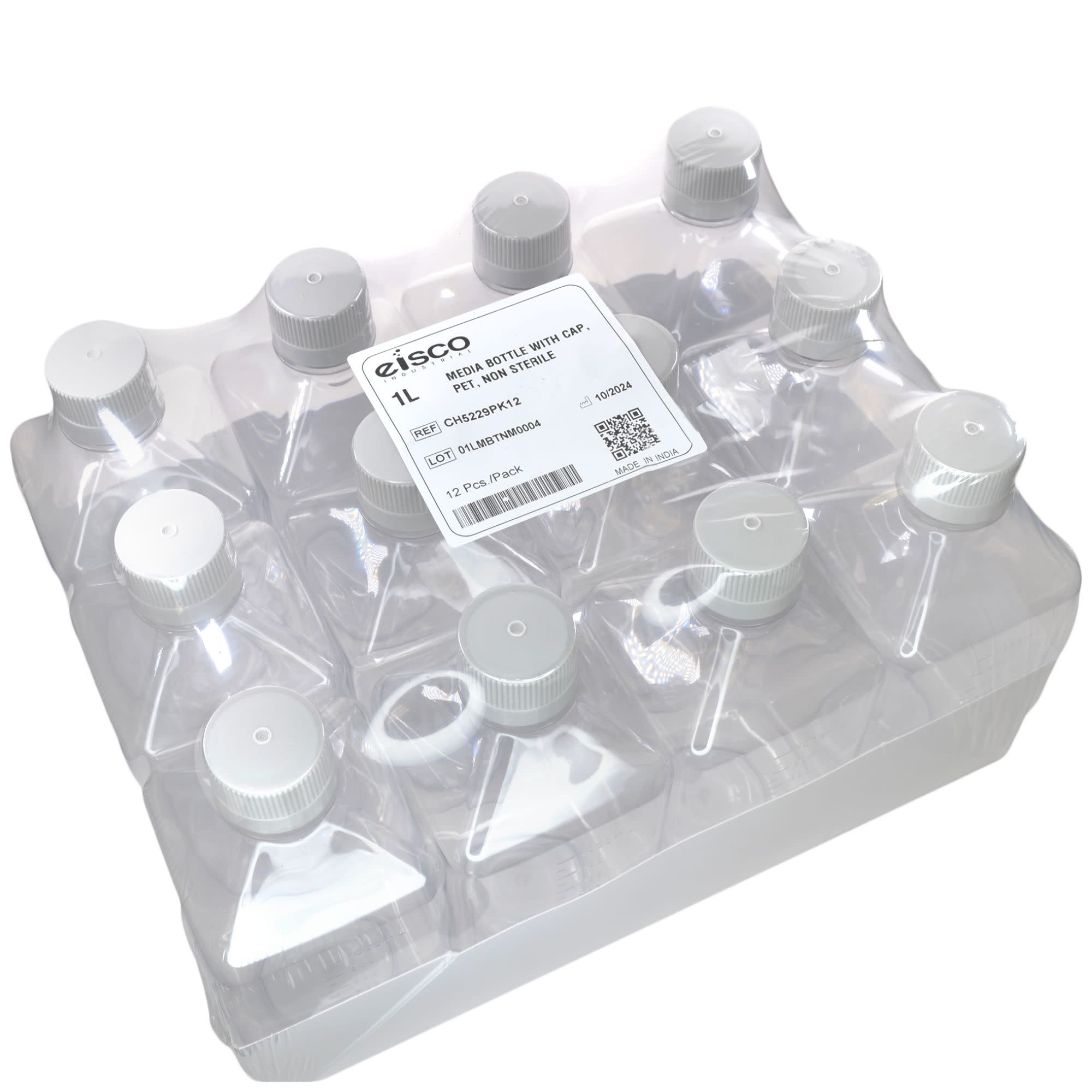 12-Pack Non-Sterile PET Media Bottles with HDPE Caps, 1L