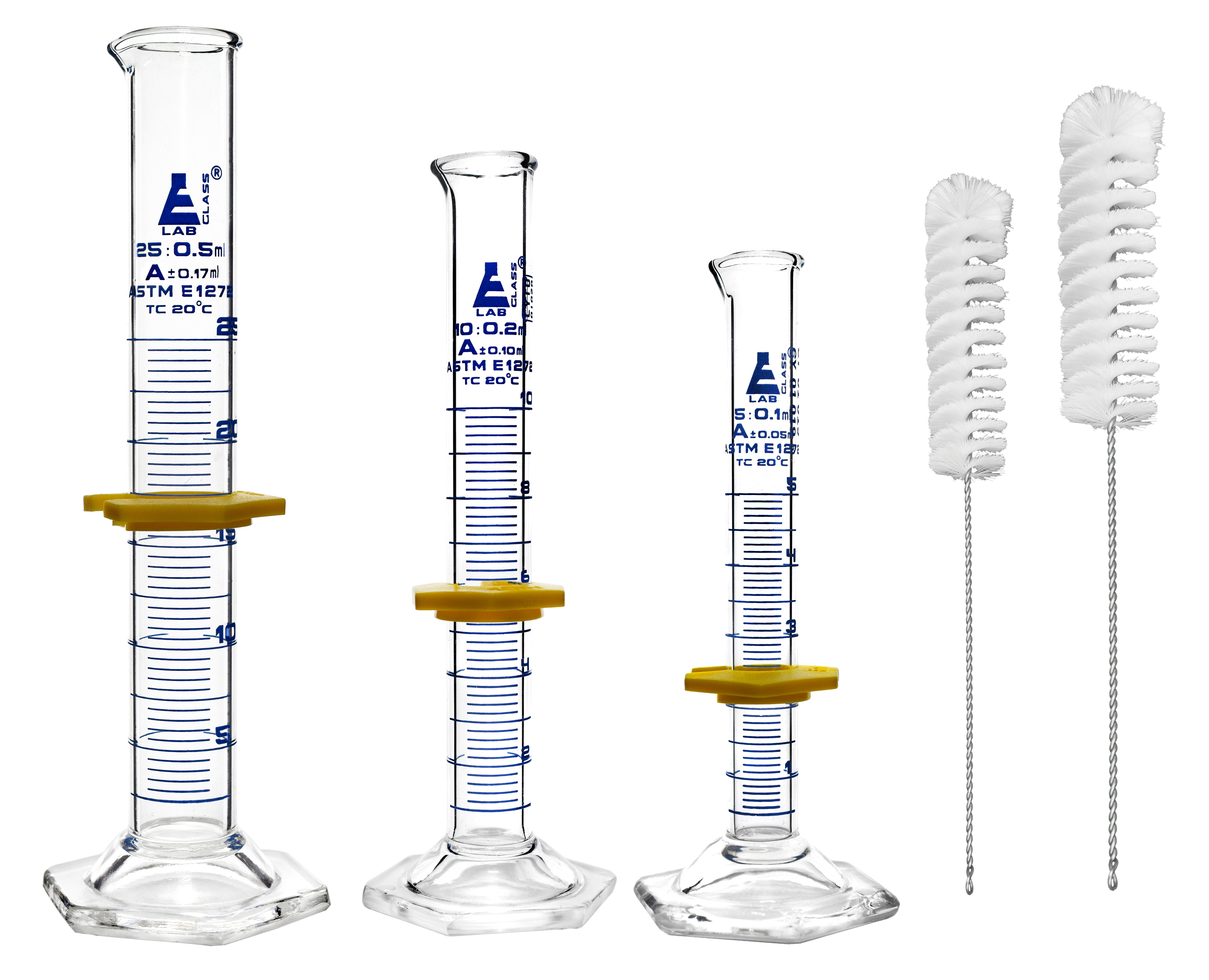 ASTM Class A 3-Cylinder Set with Nylon Cleaning Brushes, 5-25mL, Blue Graduations, Borosilicate 3.3 Glass