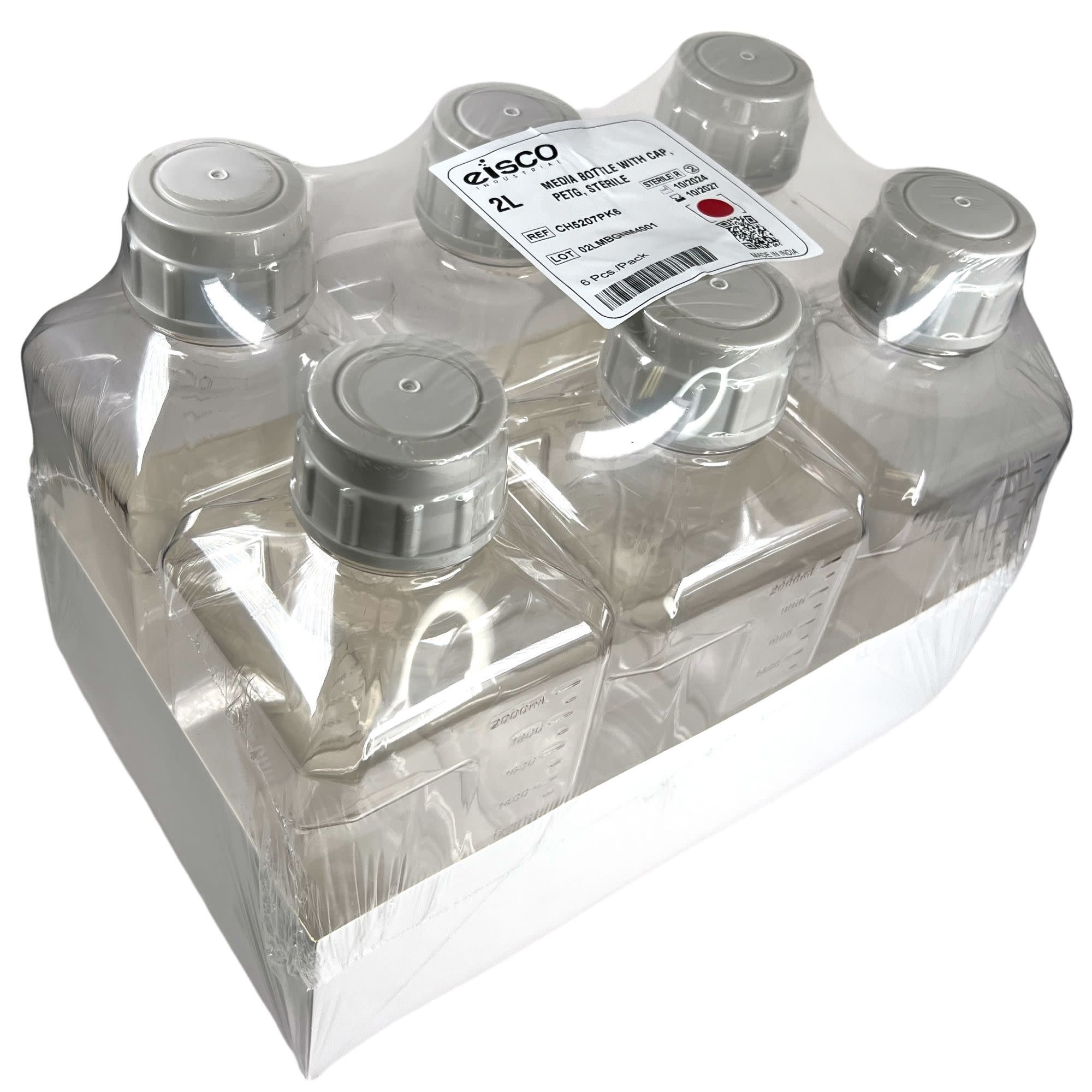 6-Pack Sterile Square PETG Media Bottles with HDPE Caps, Gamma Sterilized, 2L