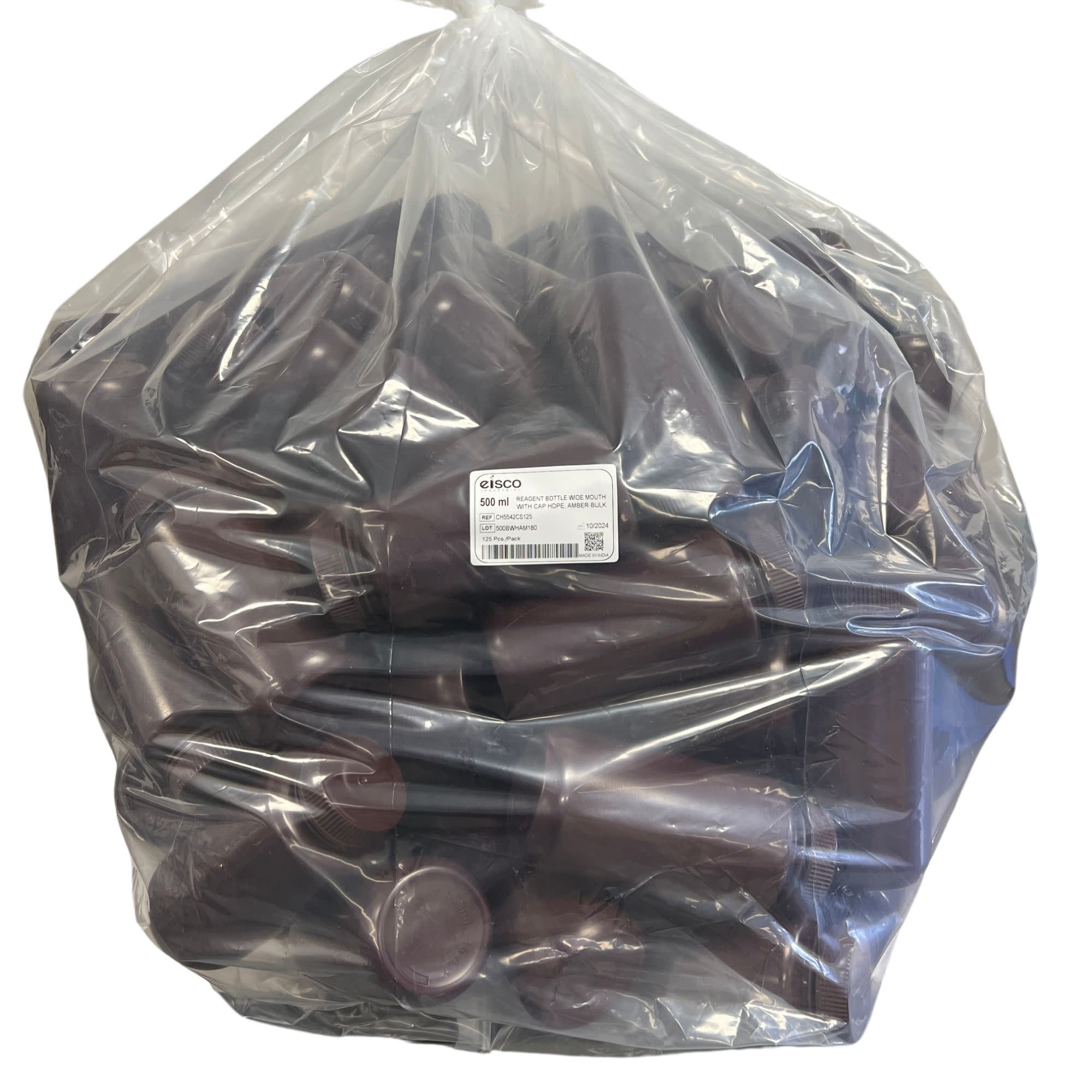 125-Bulk Pack Amber Wide Mouth HDPE Reagent Bottles with PP Caps and UV Shielding, 500mL, -100 to 120°C