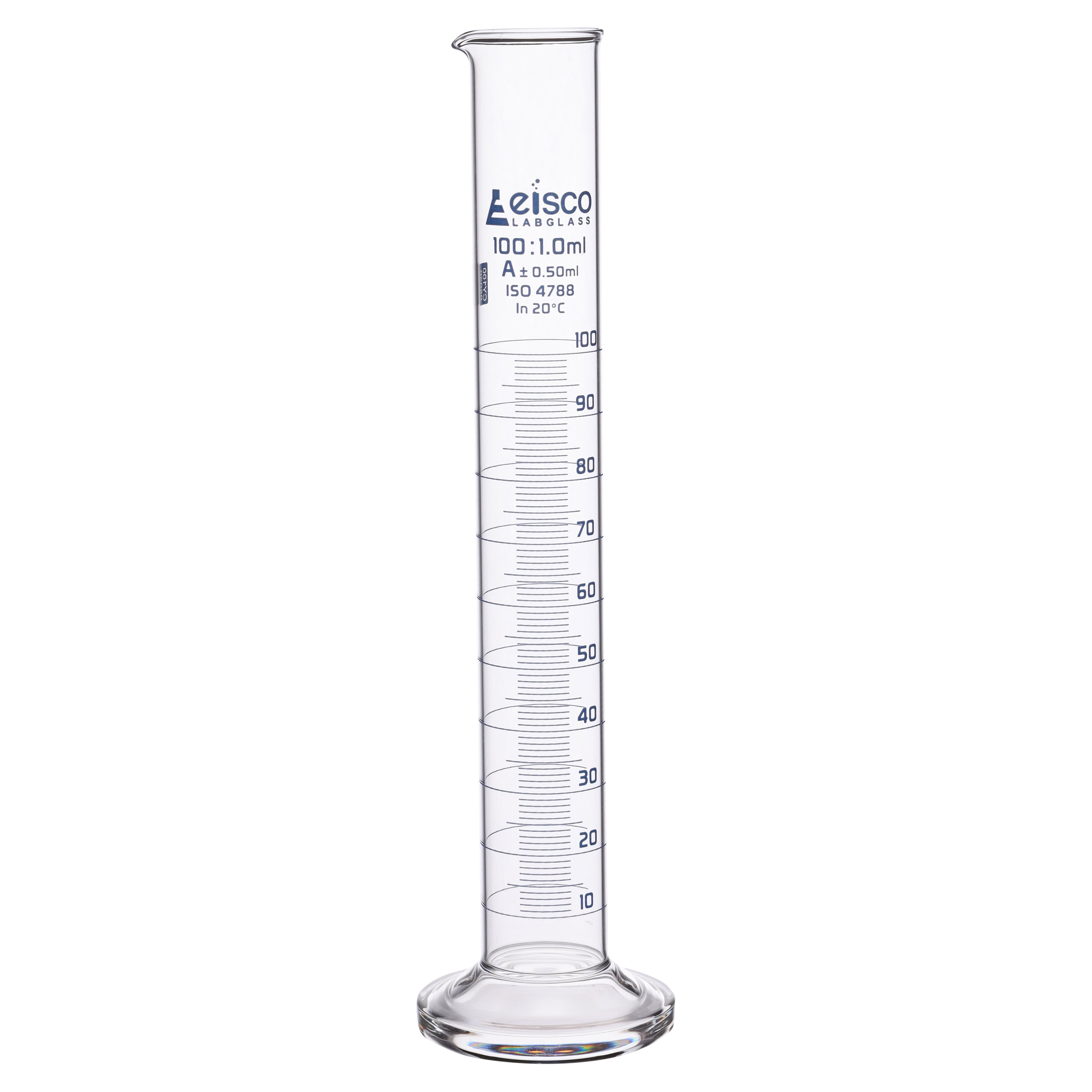 Class A Borosilicate Glass Graduated Cylinder with Round Base, Blue Graduations