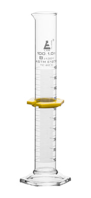 Class B Graduated Cylinder with Hexagonal Base, 100mL, White Graduations, Borosilicate Glass