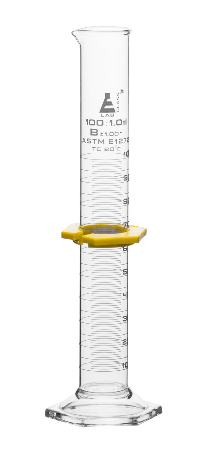 Class B Graduated Cylinder with Hexagonal Base, 100mL, White Graduations, Borosilicate Glass