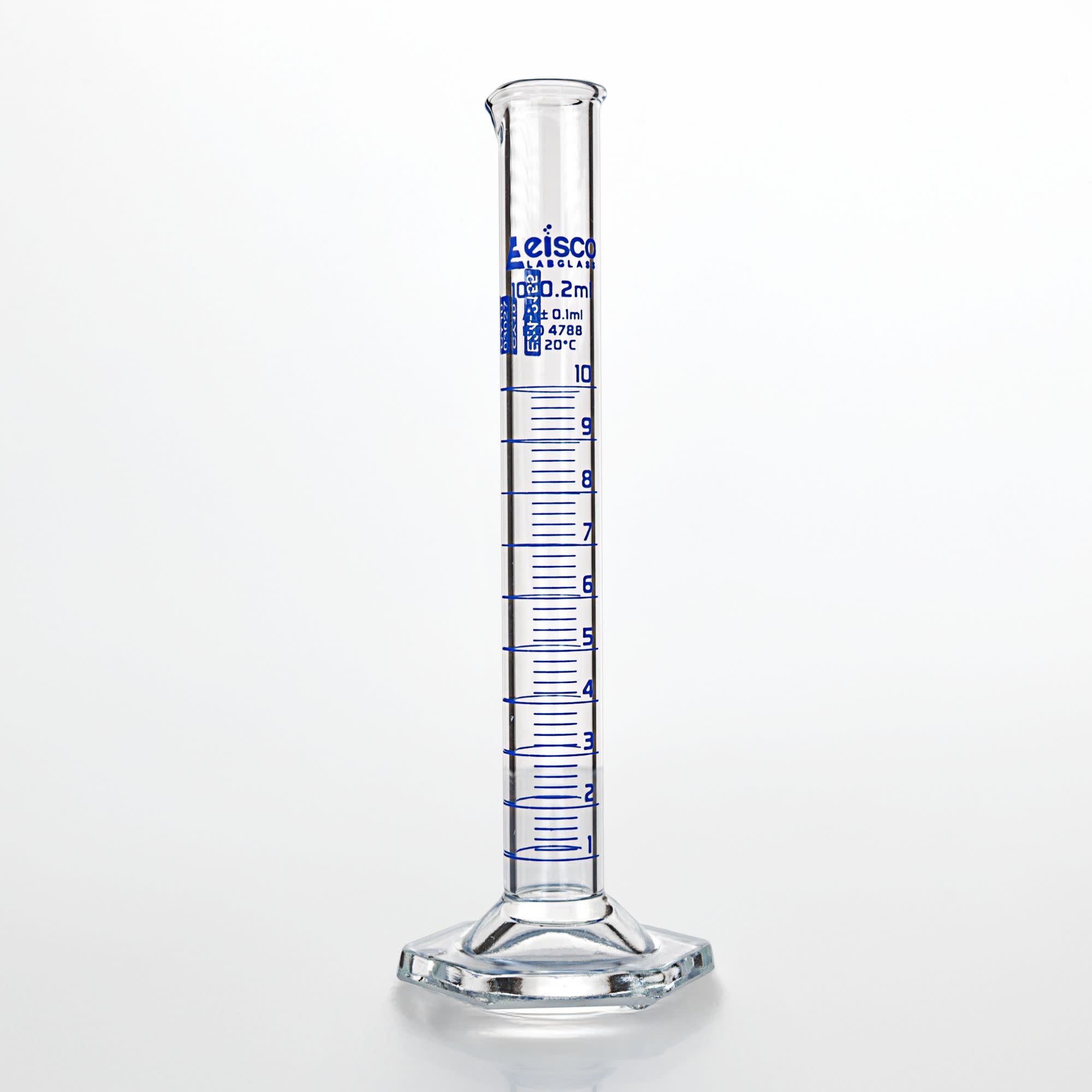 Class A Graduated Cylinder with Individual Work Certificate, 10mL, Hexagonal Base, Borosilicate Glass