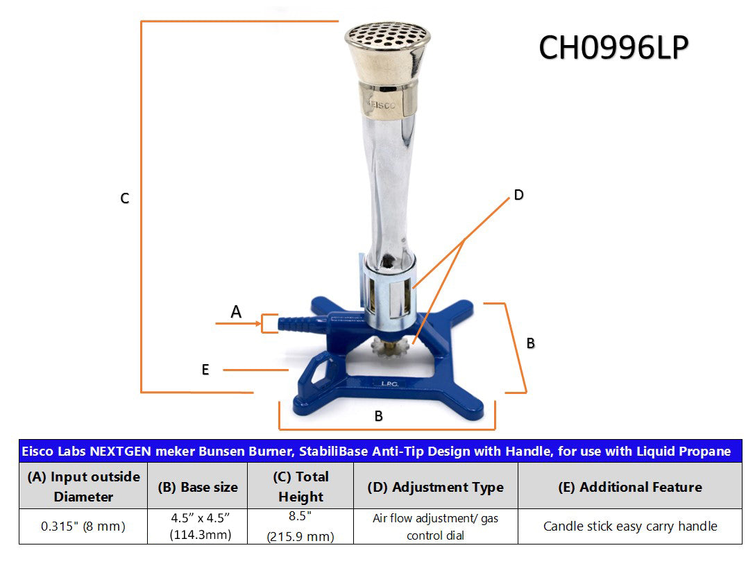 Meker LPG Bunsen Burner with Cast Iron StabiliBase
