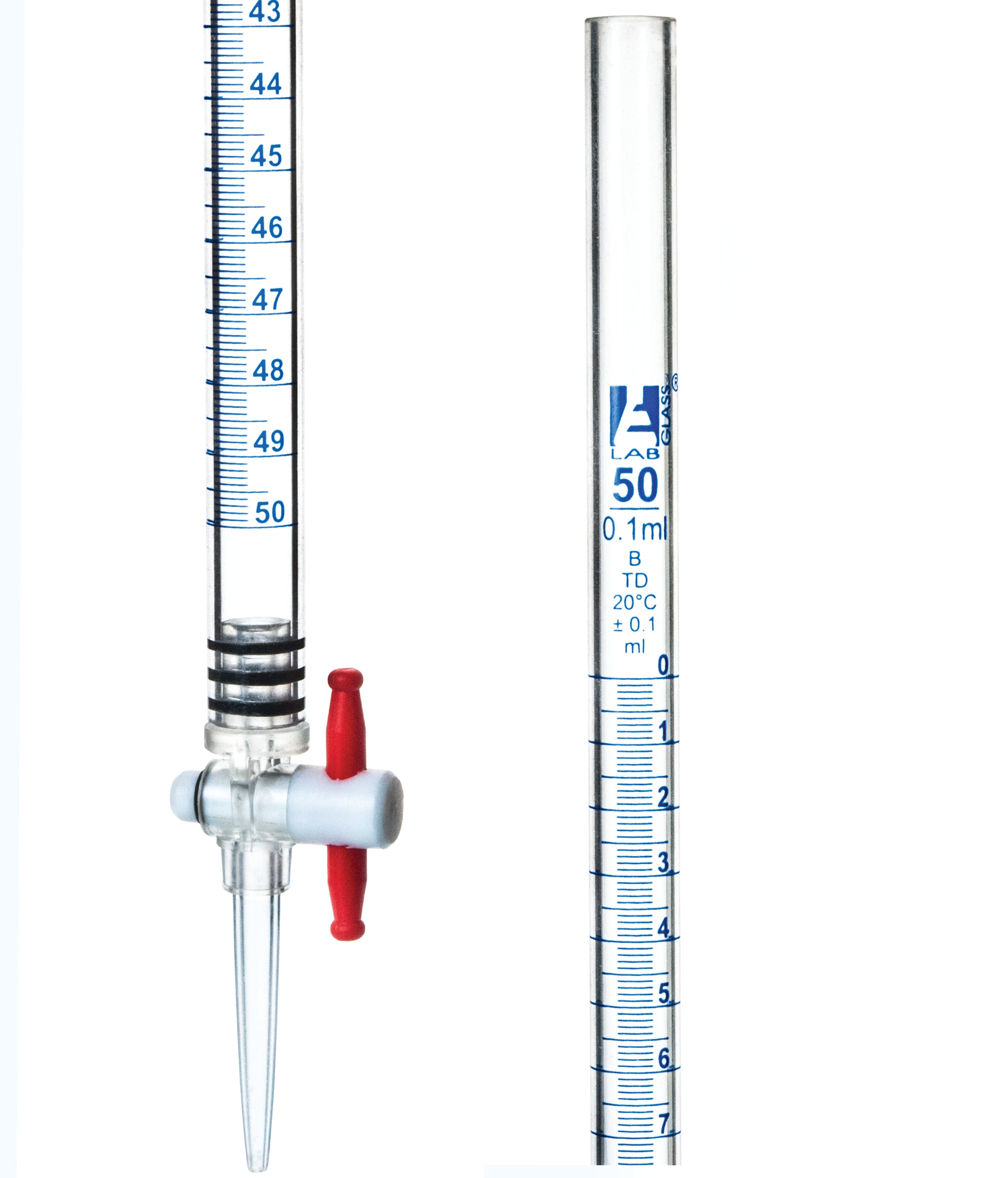 Burette, Acrylic, 50mL - Class B - 0.5mL Blue Graduations - With PTFE Key Stopcock