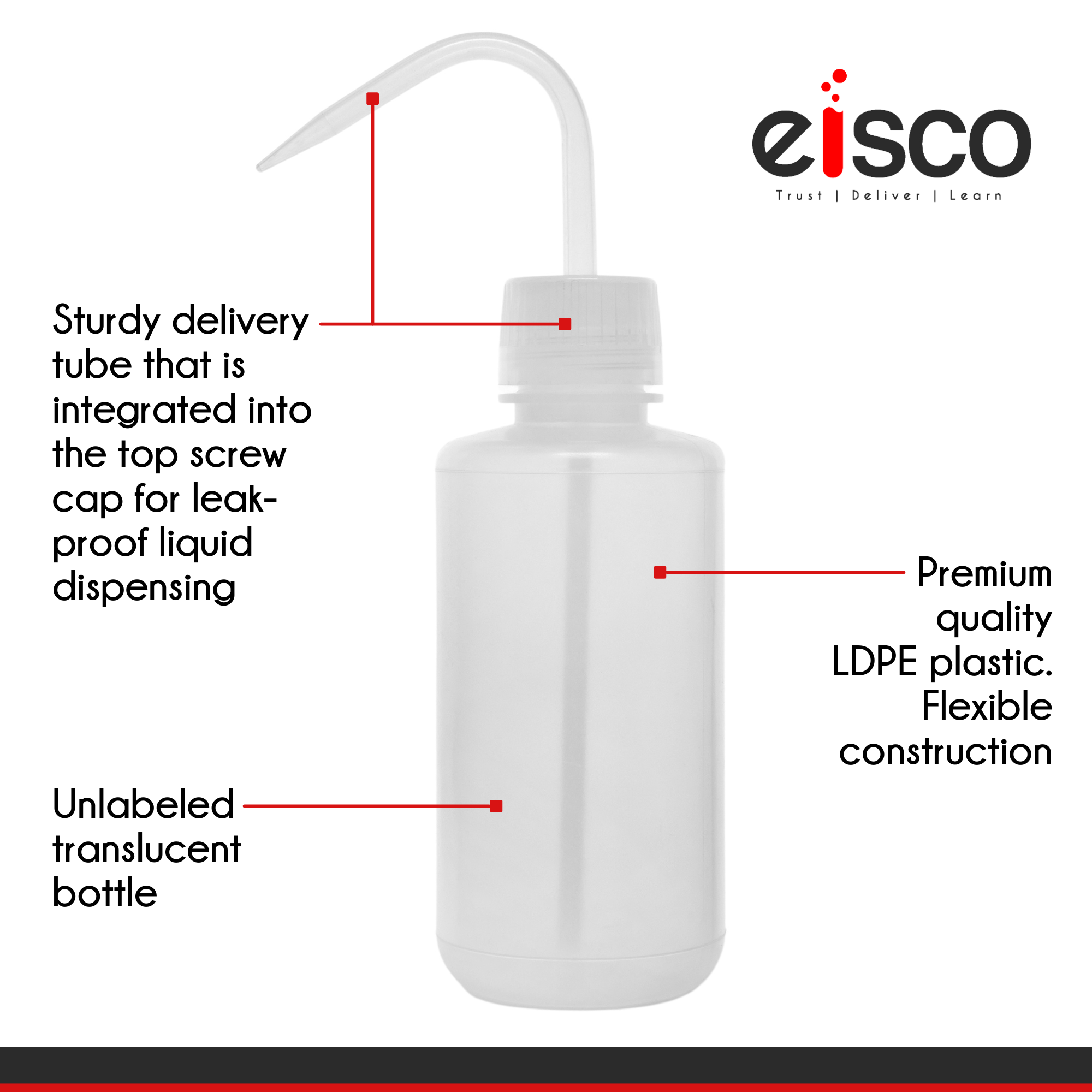 LDPE Leak-Proof Wash Bottle with Sturdy Delivery Tube, 1000mL