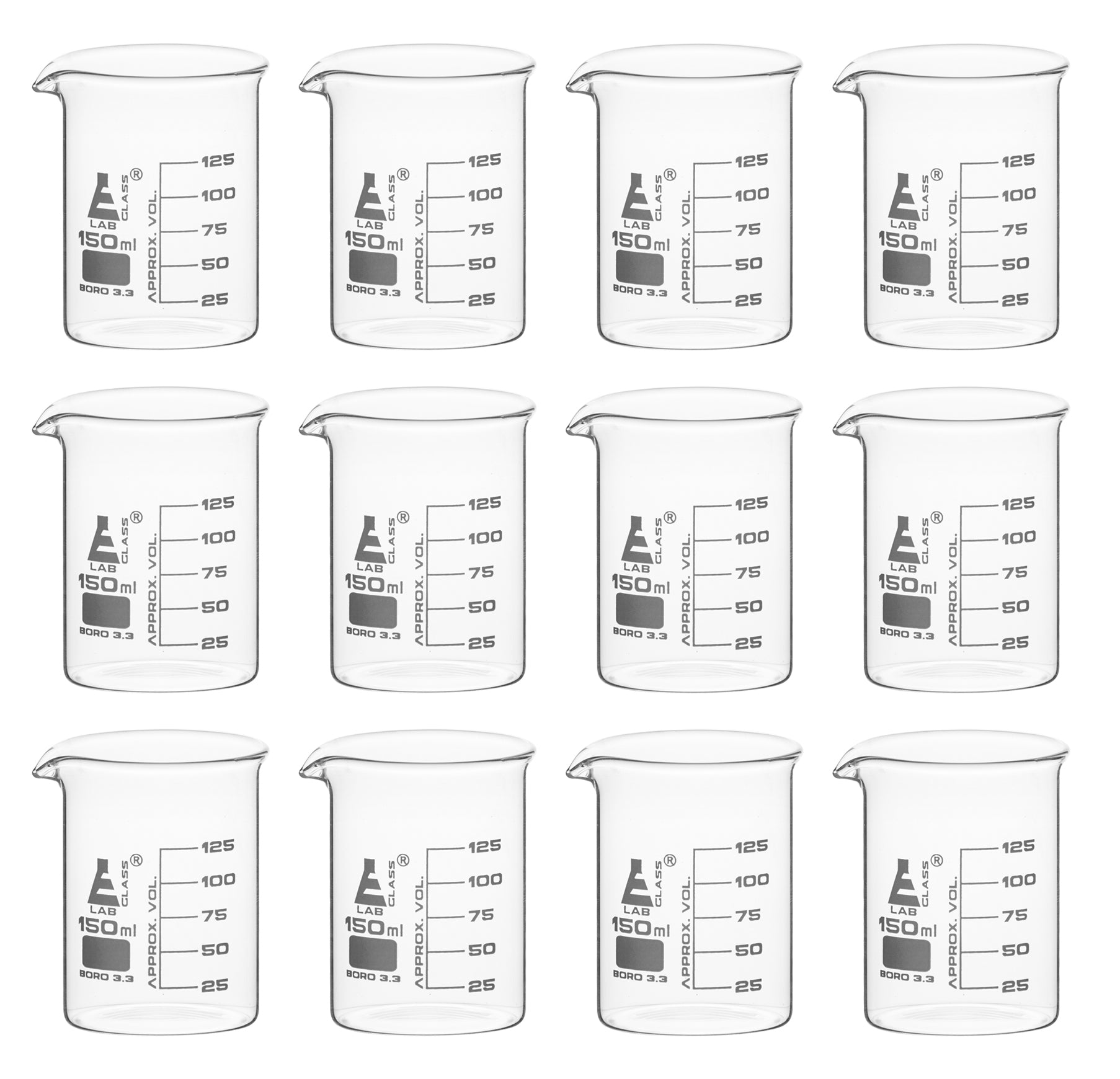 Low Form Borosilicate Glass Beaker with Spout, 150mL, 12-Pack