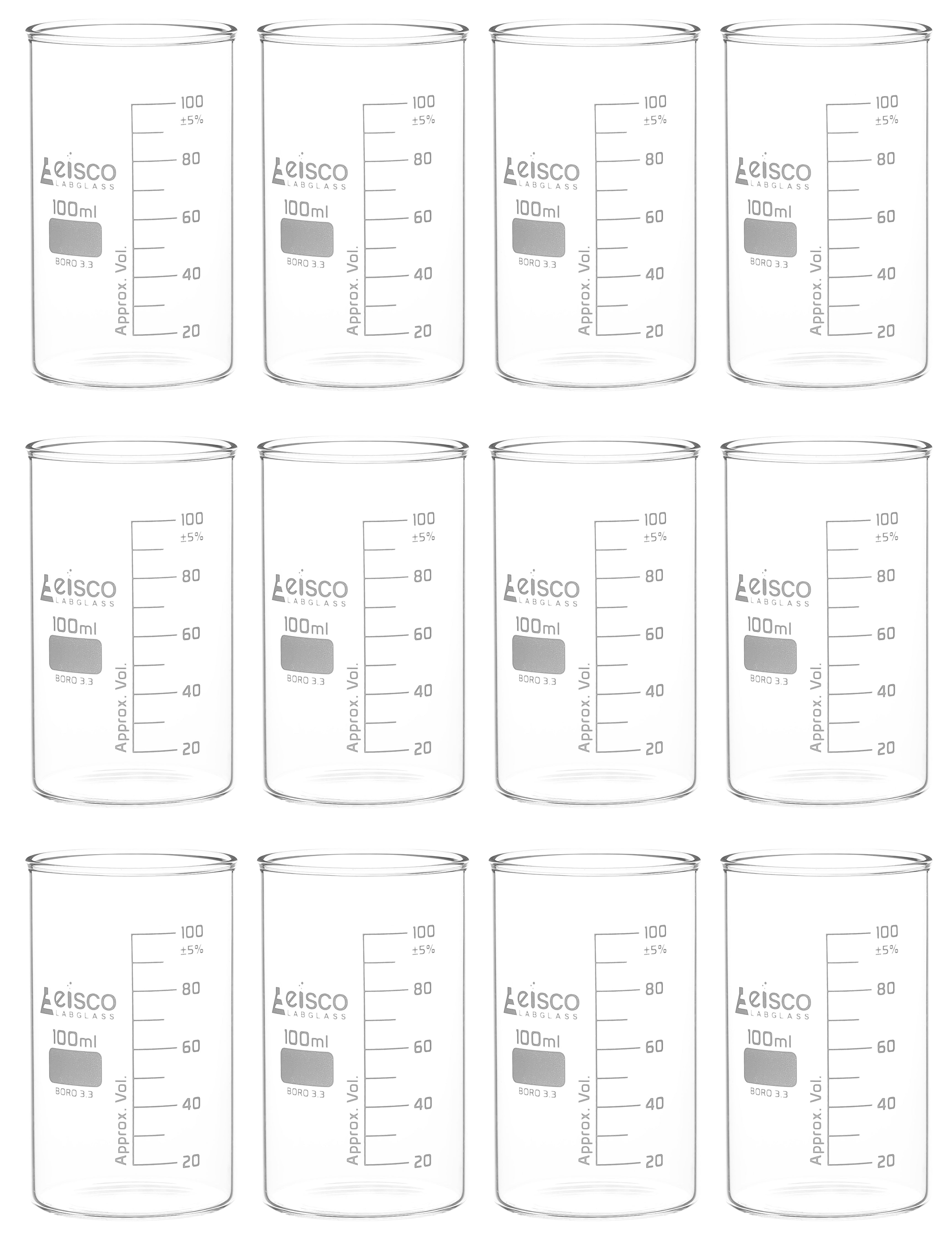Tall Form Berzelius Borosilicate Glass Beaker, Graduated, 12-Pack