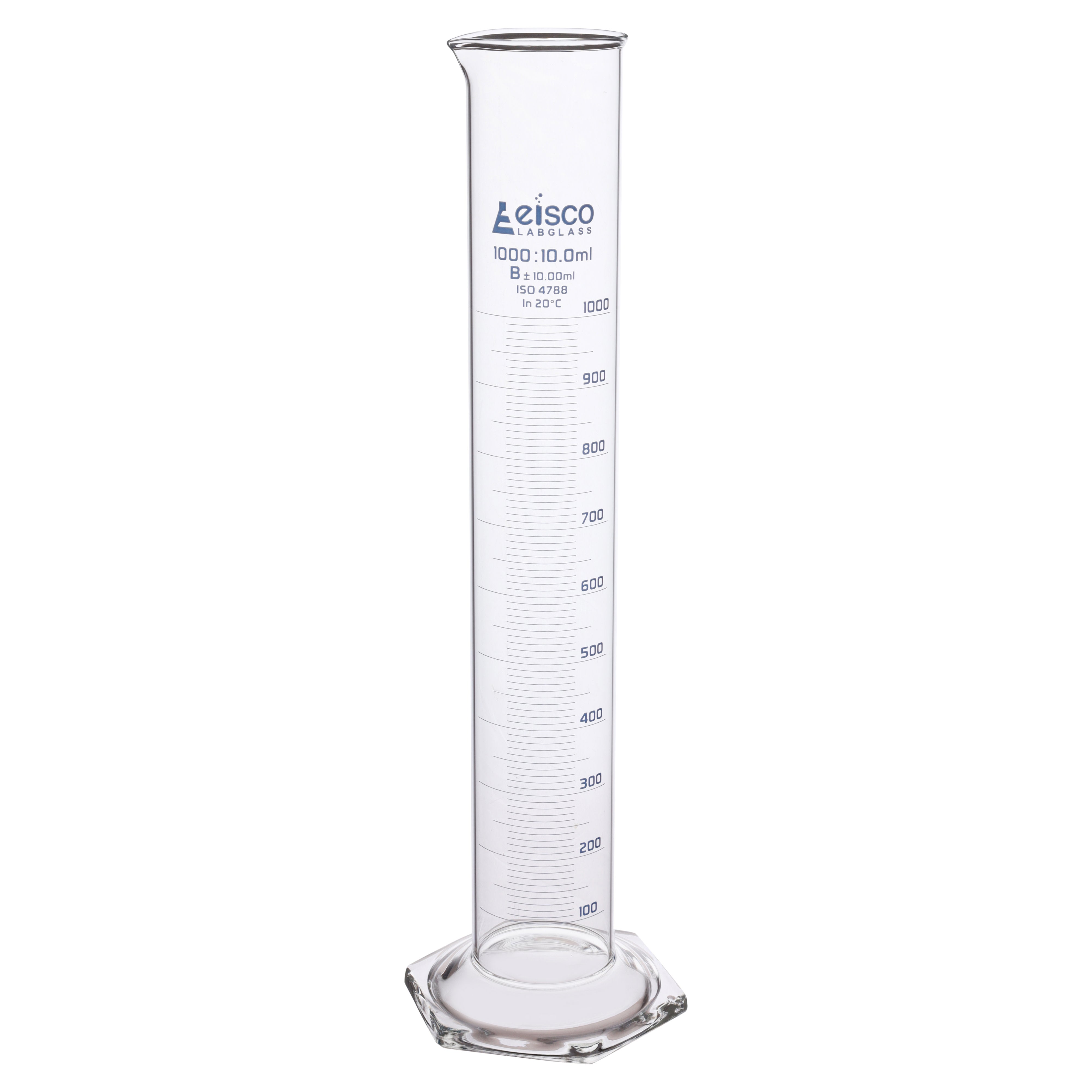 Class B Borosilicate Glass Graduated Cylinder with Hexagonal Base, Blue Graduations