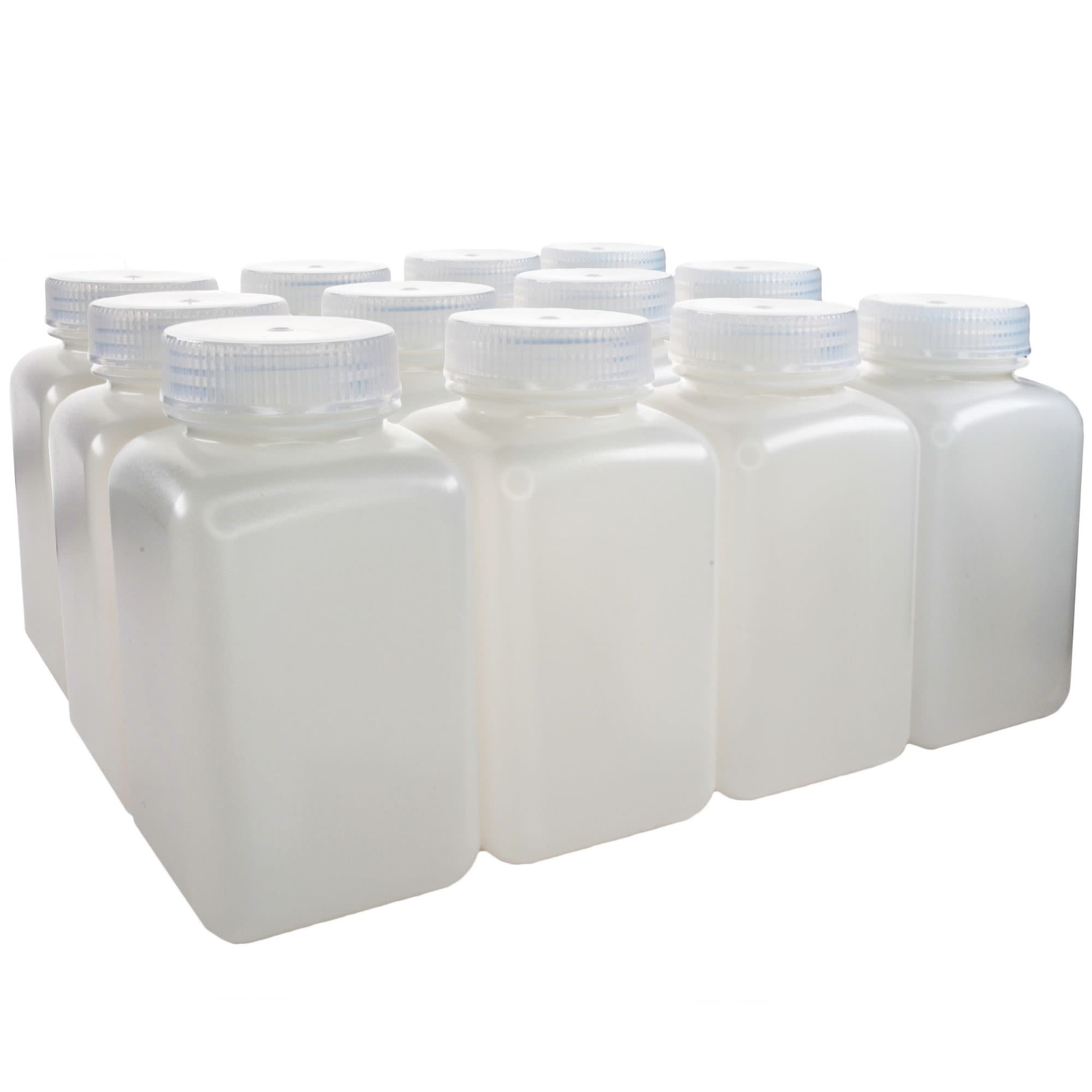 Square Wide Mouth HDPE Reagent Bottle, Sterile Leak-Proof, 12-Pack