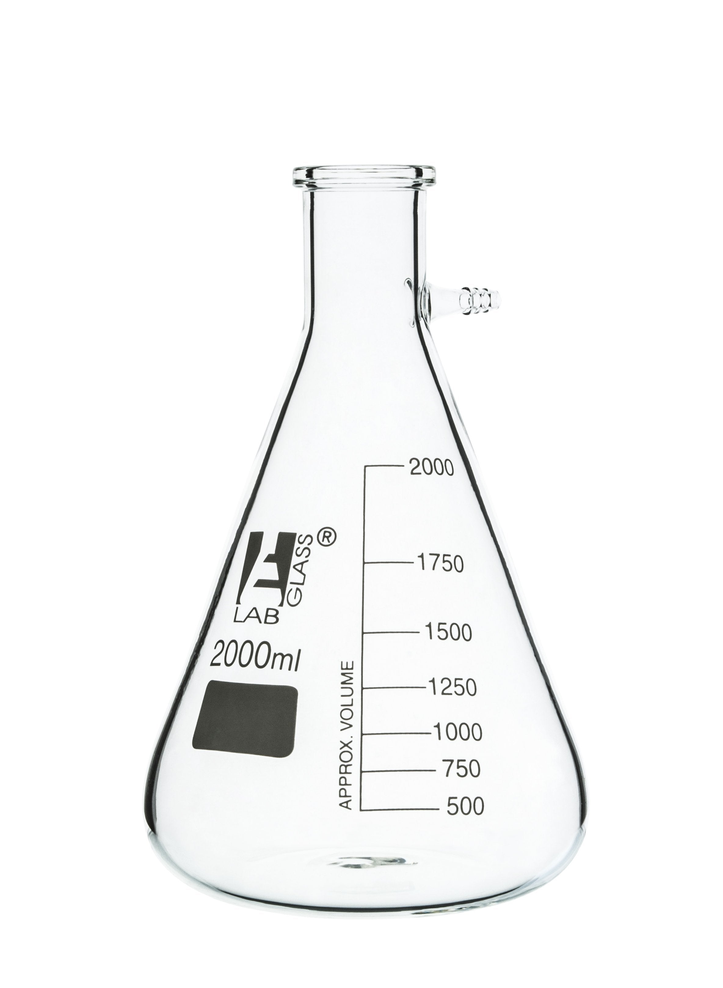 Conical Filtering Flask with Integral Side Arm, 2000mL, White Graduations, Borosilicate Glass