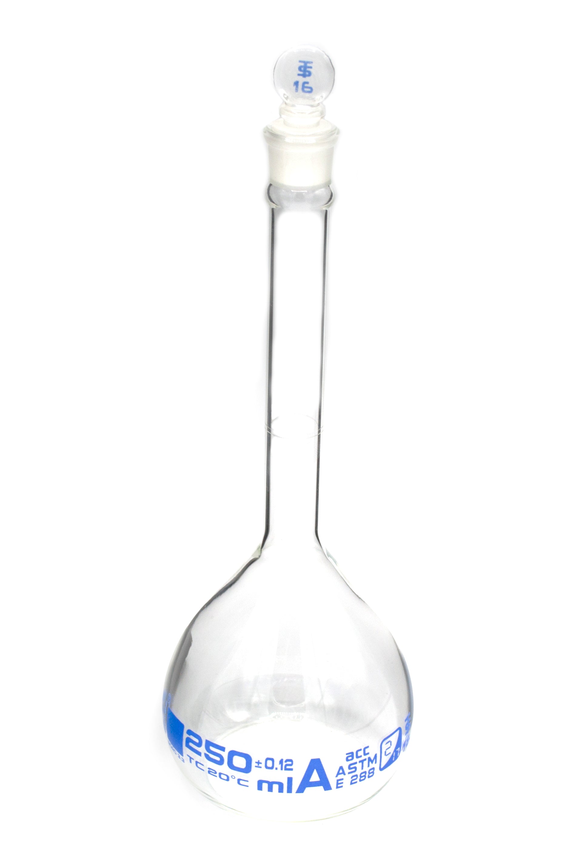 ASTM Class A Borosilicate Glass Volumetric Flask with Glass Stopper, Blue Graduations