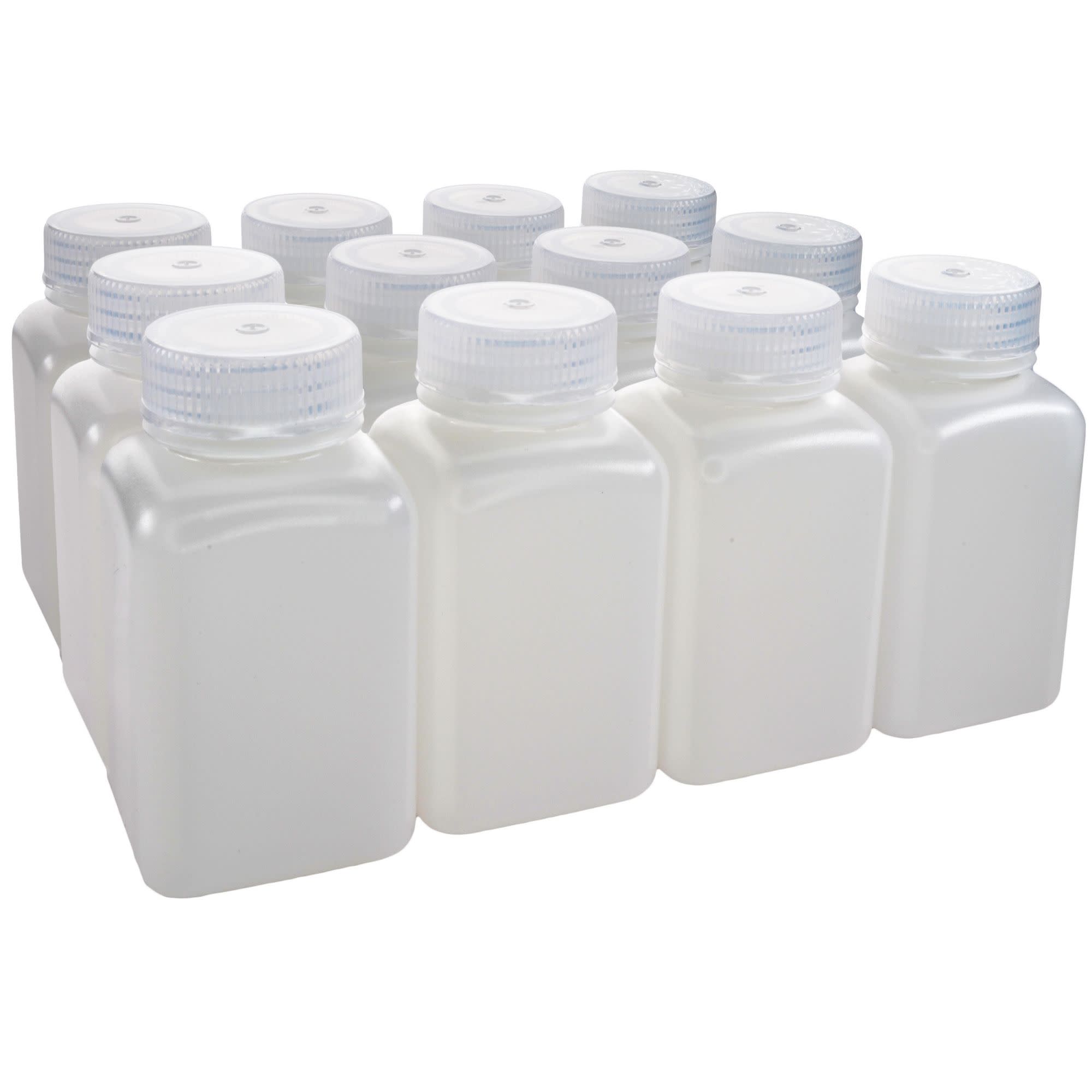 Square Wide Mouth HDPE Reagent Bottle, Sterile Leak-Proof, 12-Pack