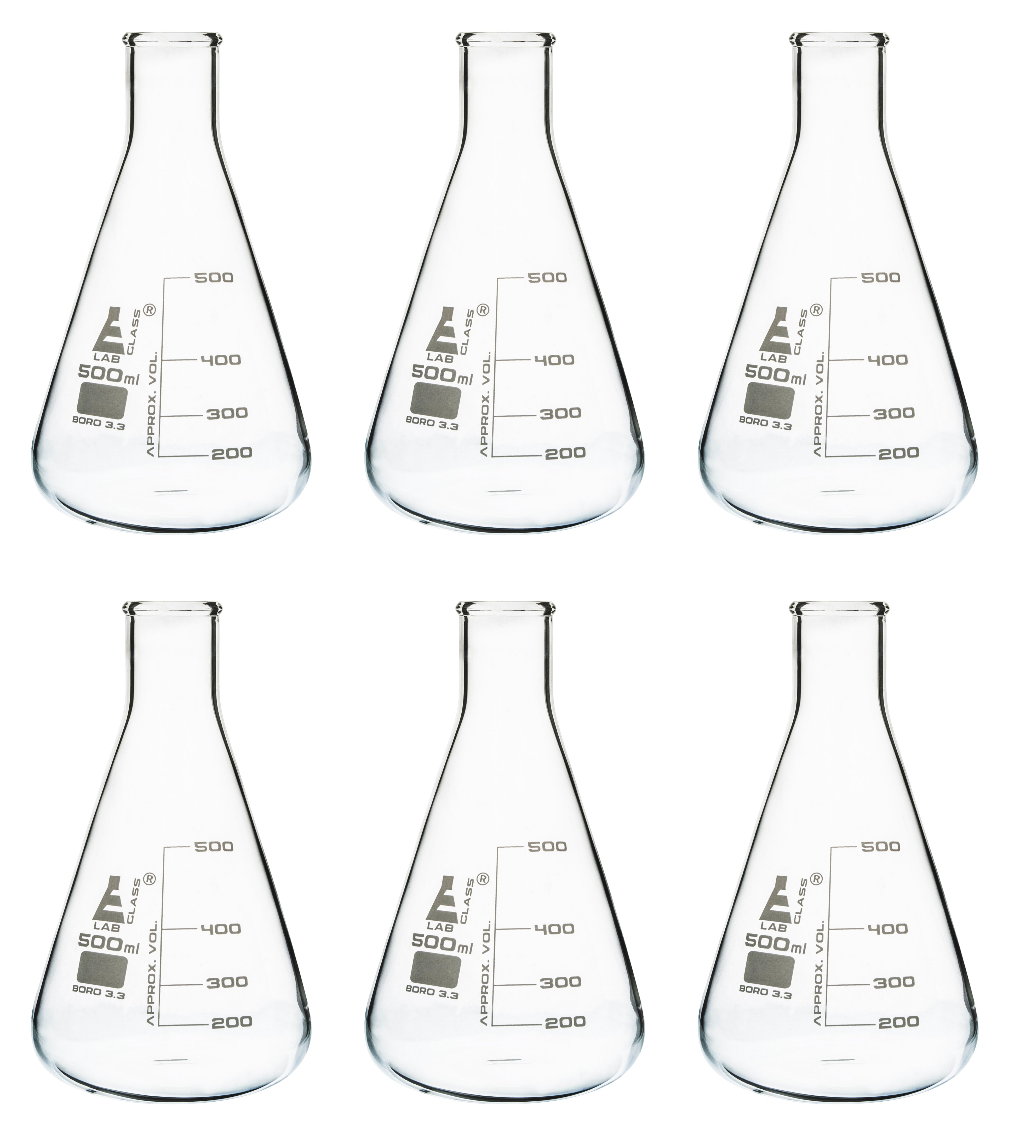 6-Pack Narrow Neck Erlenmeyer Flasks, 500mL, Borosilicate Glass