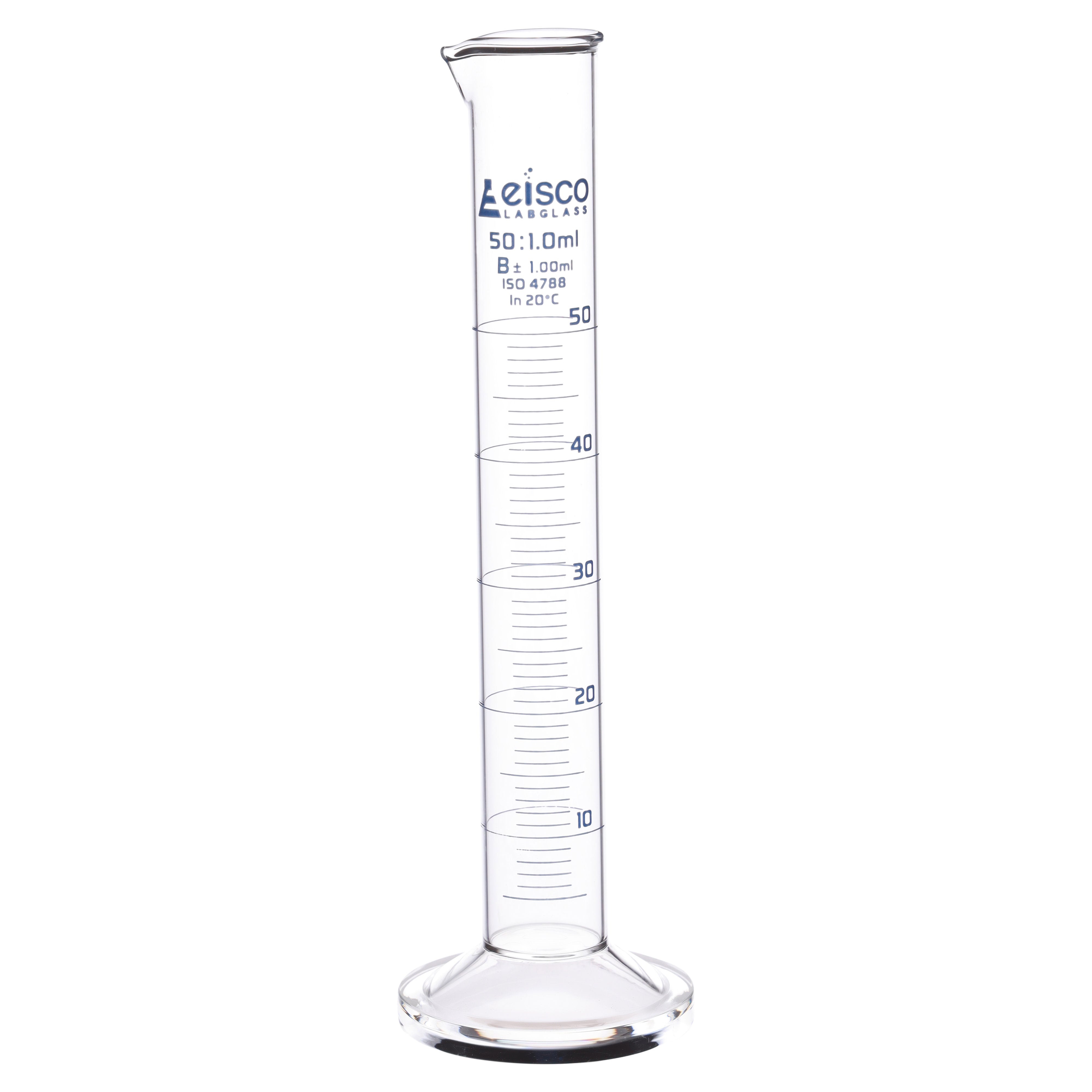 Class B Borosilicate Glass Graduated Cylinder with Round Base, Blue Graduations