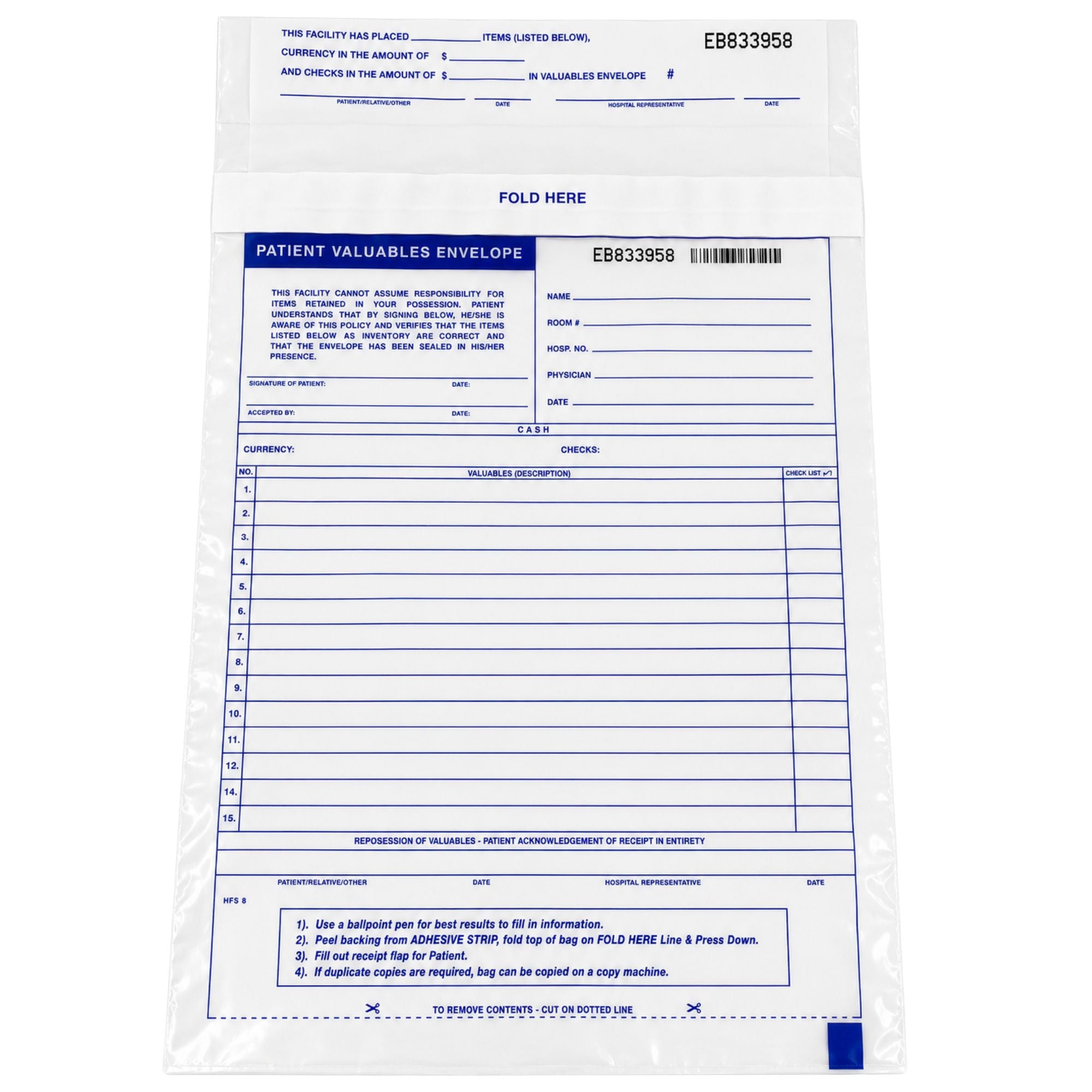 Polyethylene Patient Property Bag with Serialized Barcode, 9 x 12, 100-Pack