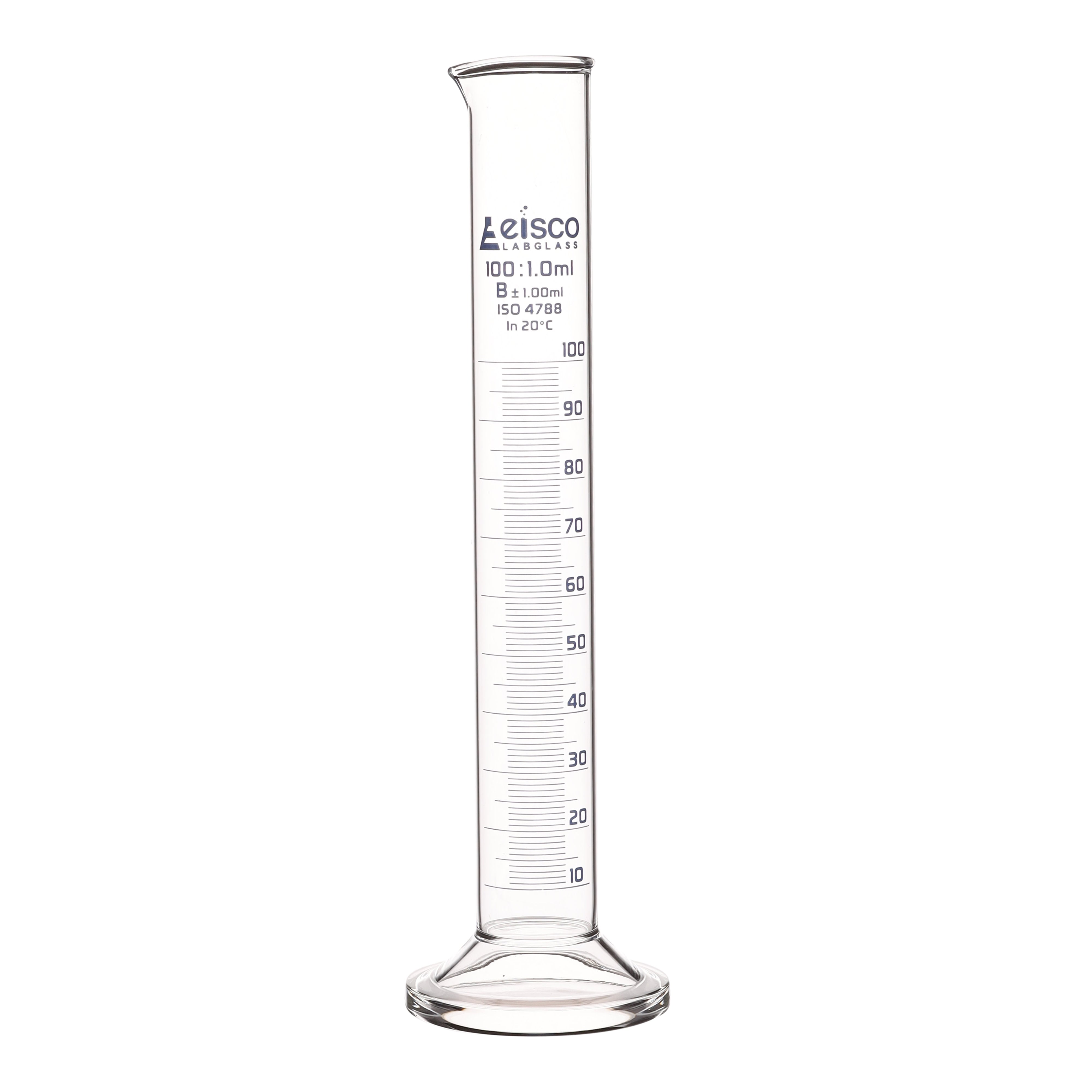 Class B Borosilicate Glass Graduated Cylinder with Round Base, Blue Graduations