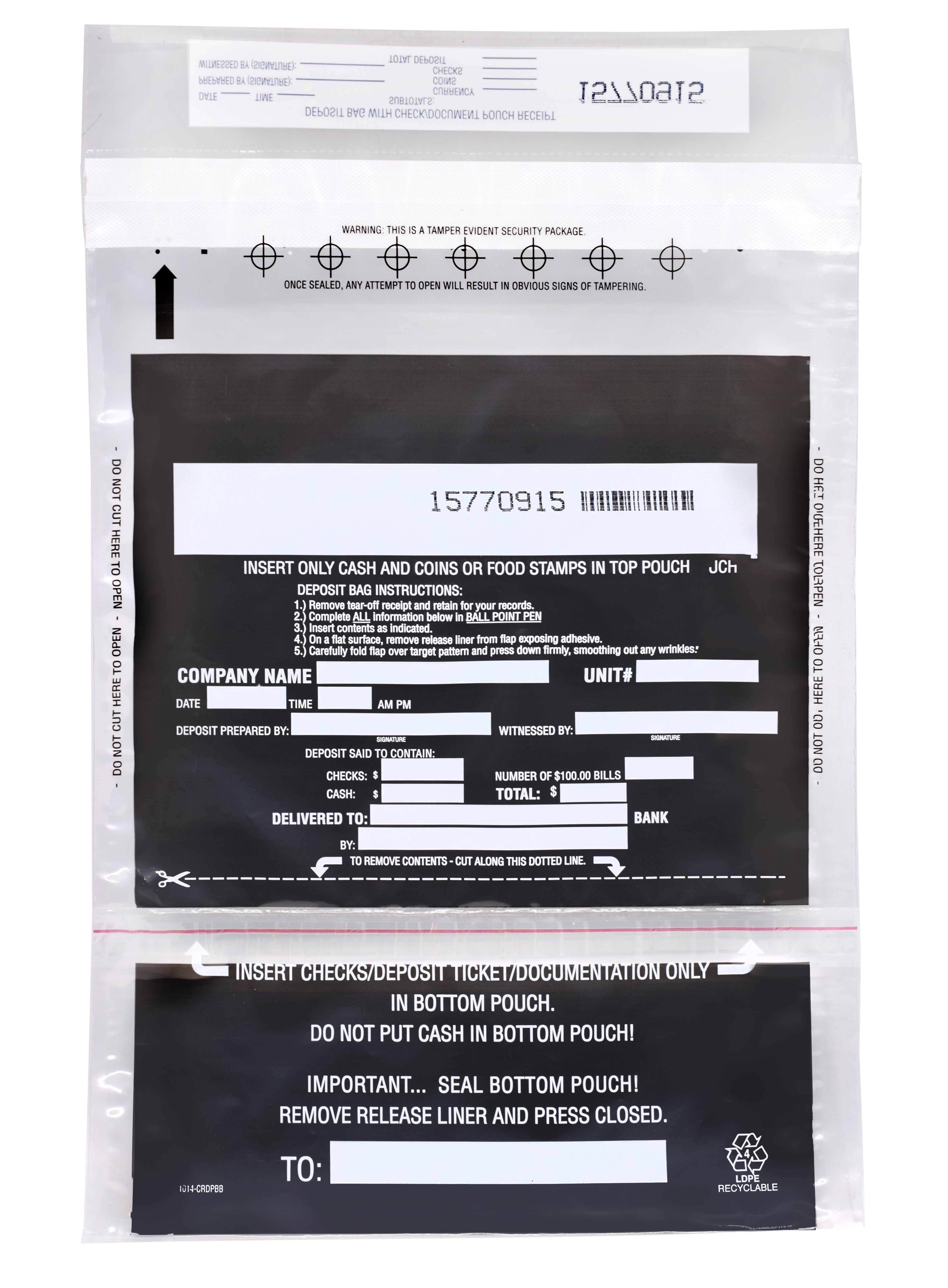 2-Pocket Cash Deposit Bags, 10 x 14", Tamper-Evident, 100-Pack