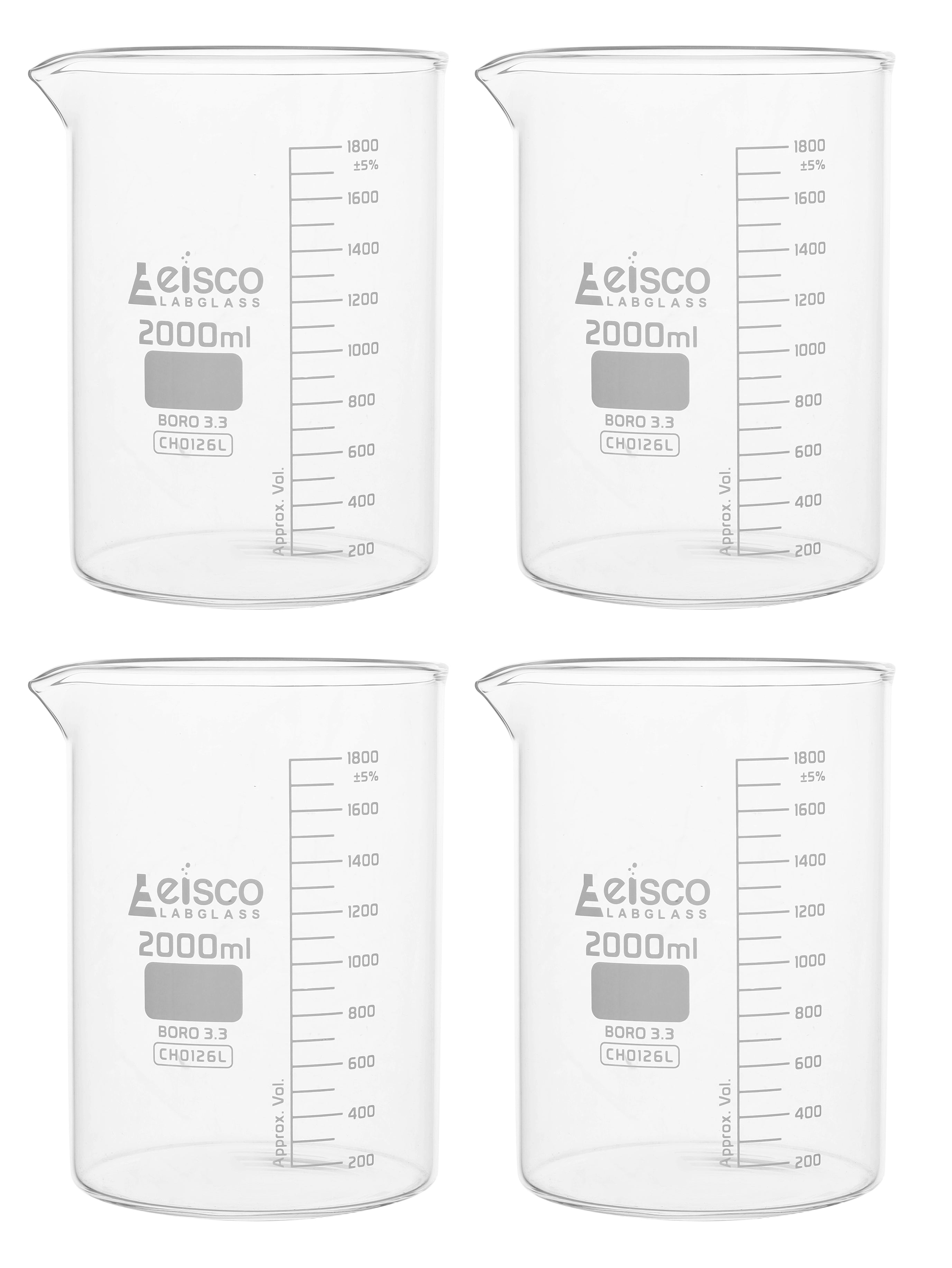Low Form Borosilicate Glass Beaker with Spout, 2000mL, 4-Pack