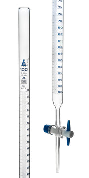 Class A Burette with PTFE Key Stopcock, 100mL, Blue Graduations, Borosilicate Glass