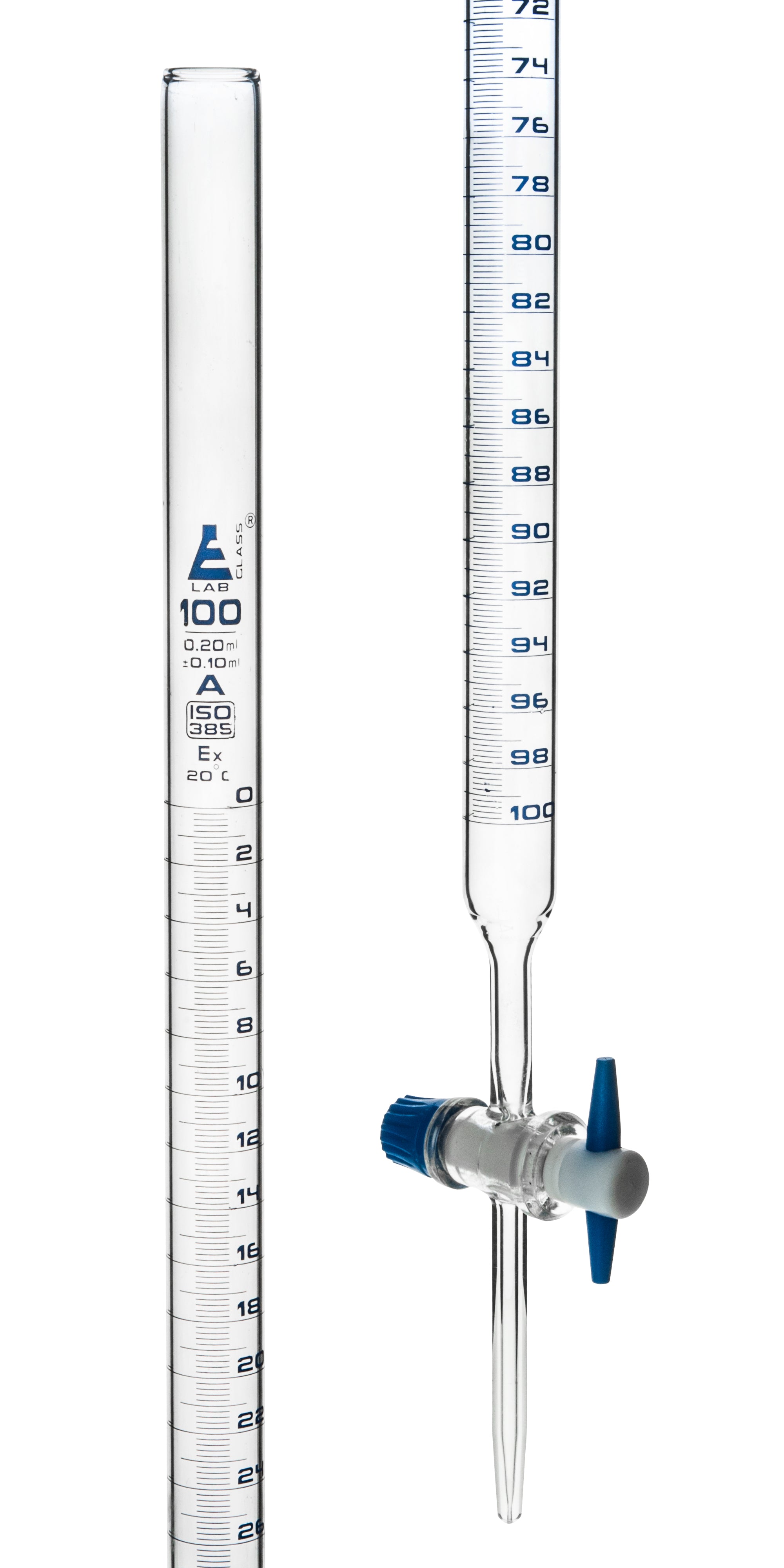 Class A Burette with PTFE Key Stopcock, 100mL, Blue Graduations, Borosilicate Glass