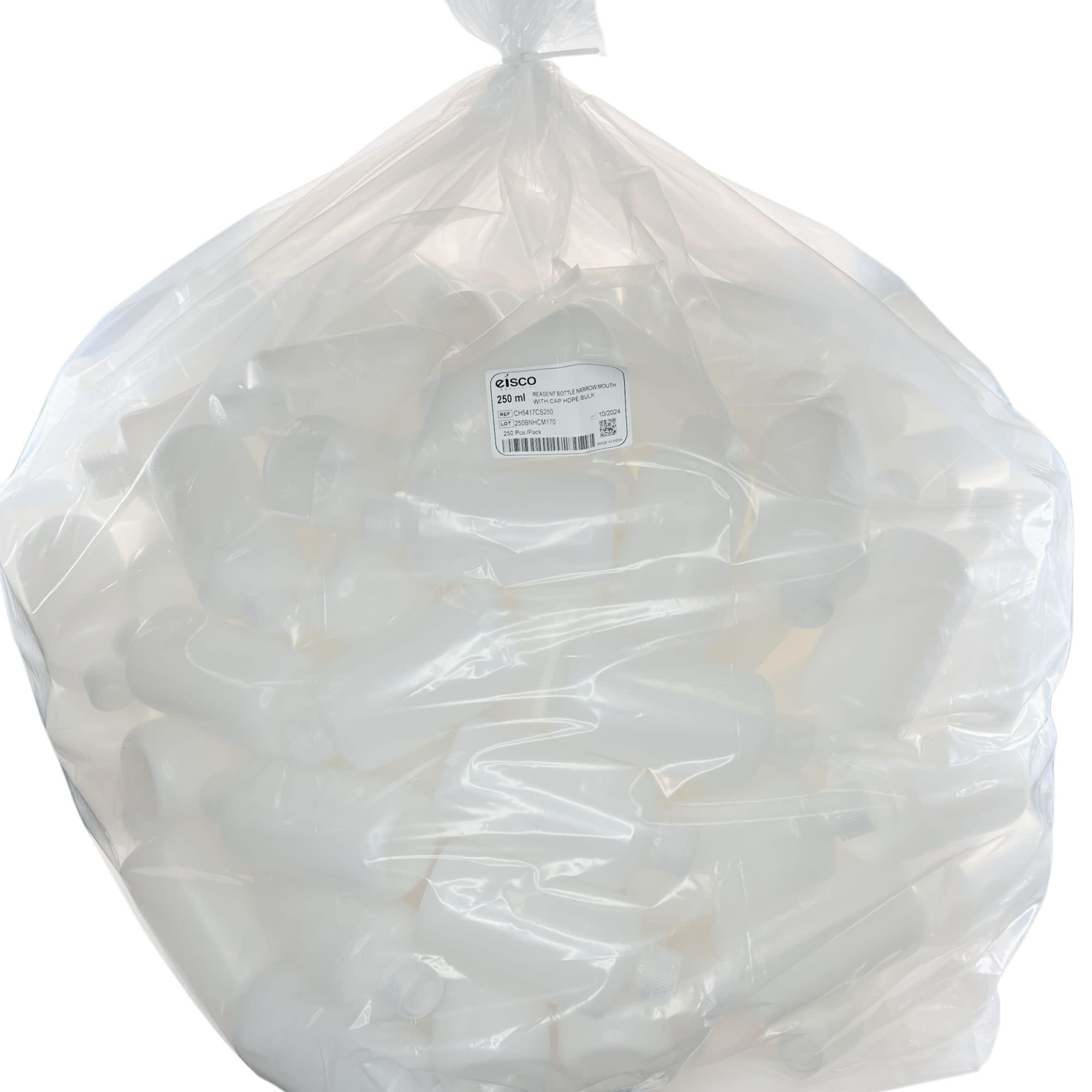 250-Bulk Pack Translucent Narrow Mouth HDPE Reagent Bottles with PP Caps, 250mL, -100 to 120°C
