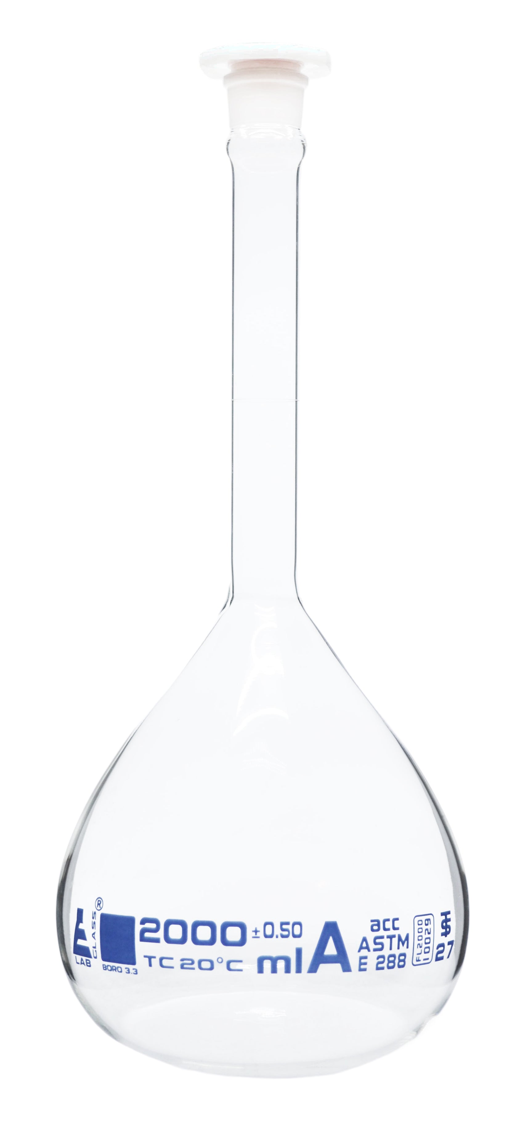 Class A Borosilicate Glass Volumetric Flask with Polypropylene Stopper, 2000mL