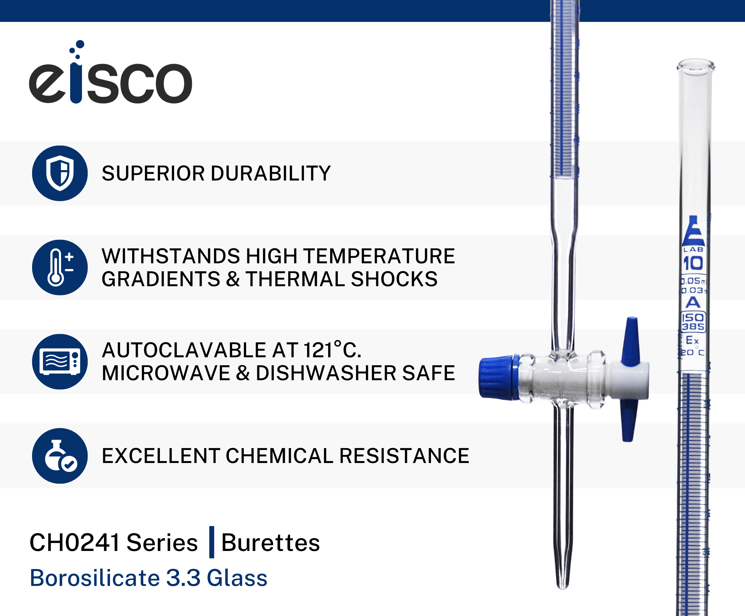 ASTM Class A Schellbach Burette with PTFE Stopcock, 10mL, Blue Graduations, Borosilicate 3.3 Glass