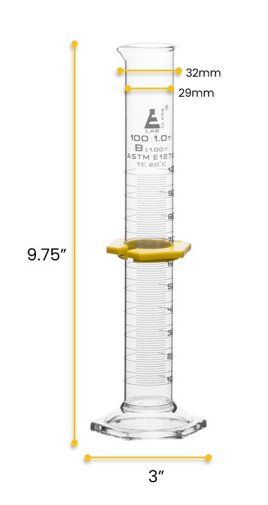 Class B Graduated Cylinder with Hexagonal Base, 100mL, White Graduations, Borosilicate Glass