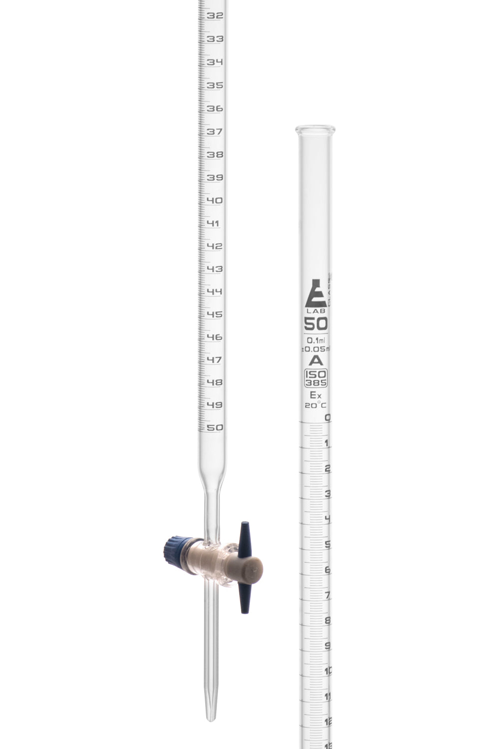 Class A Burette with Straight-Bore PTFE Stopcock, 50mL, White Graduations, Borosilicate Glass