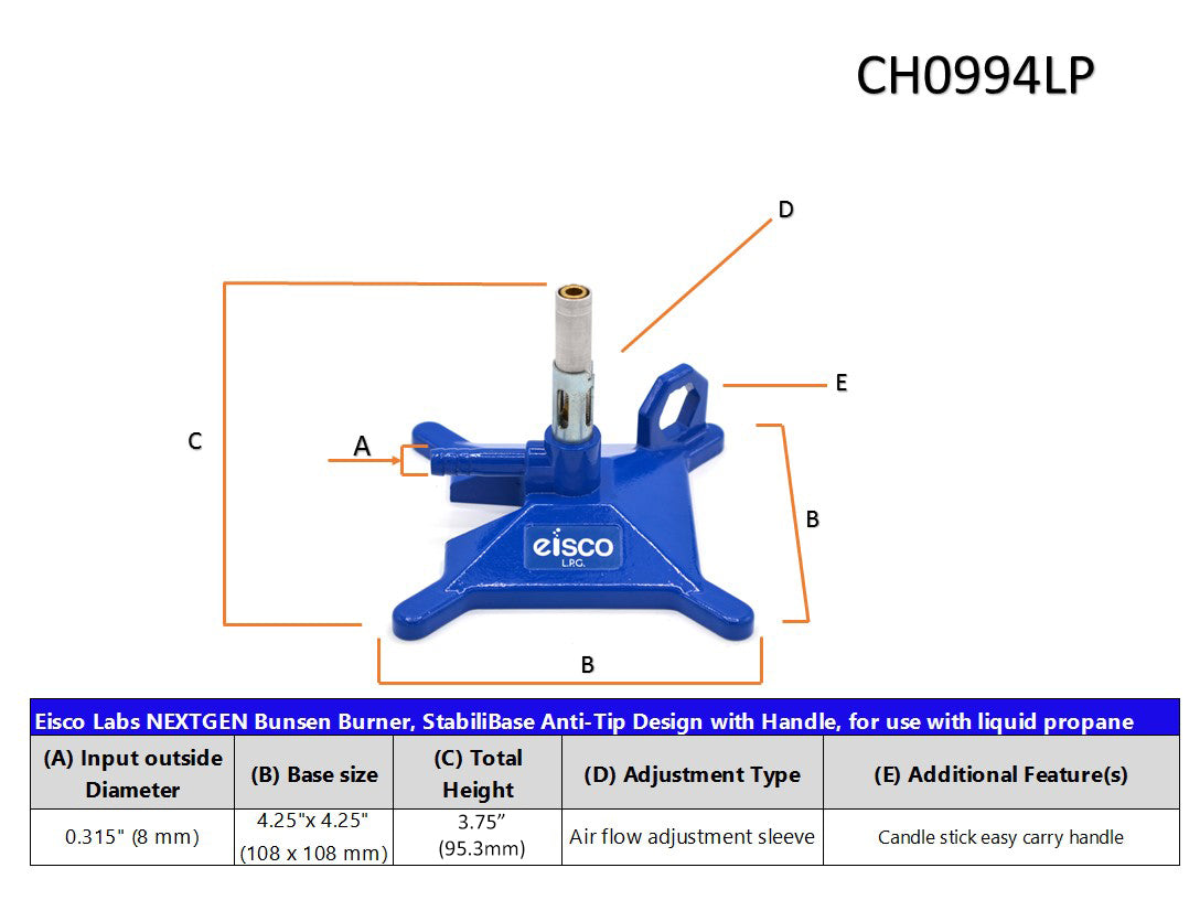 Micro LPG Bunsen Burner with Cast Iron StabiliBase and Flame Stabilizer