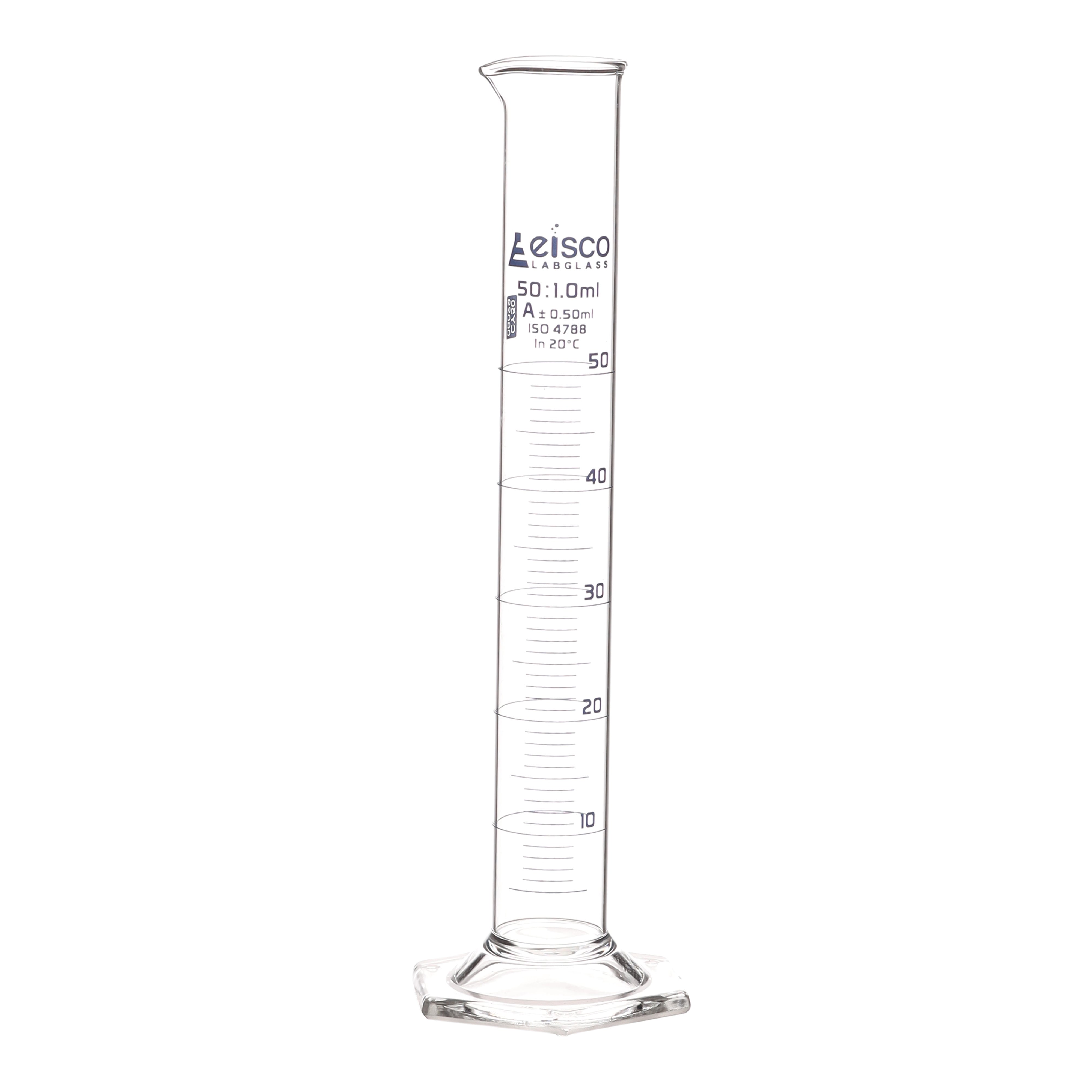Class A Borosilicate Glass Graduated Cylinder with Hexagonal Base, Blue Graduations